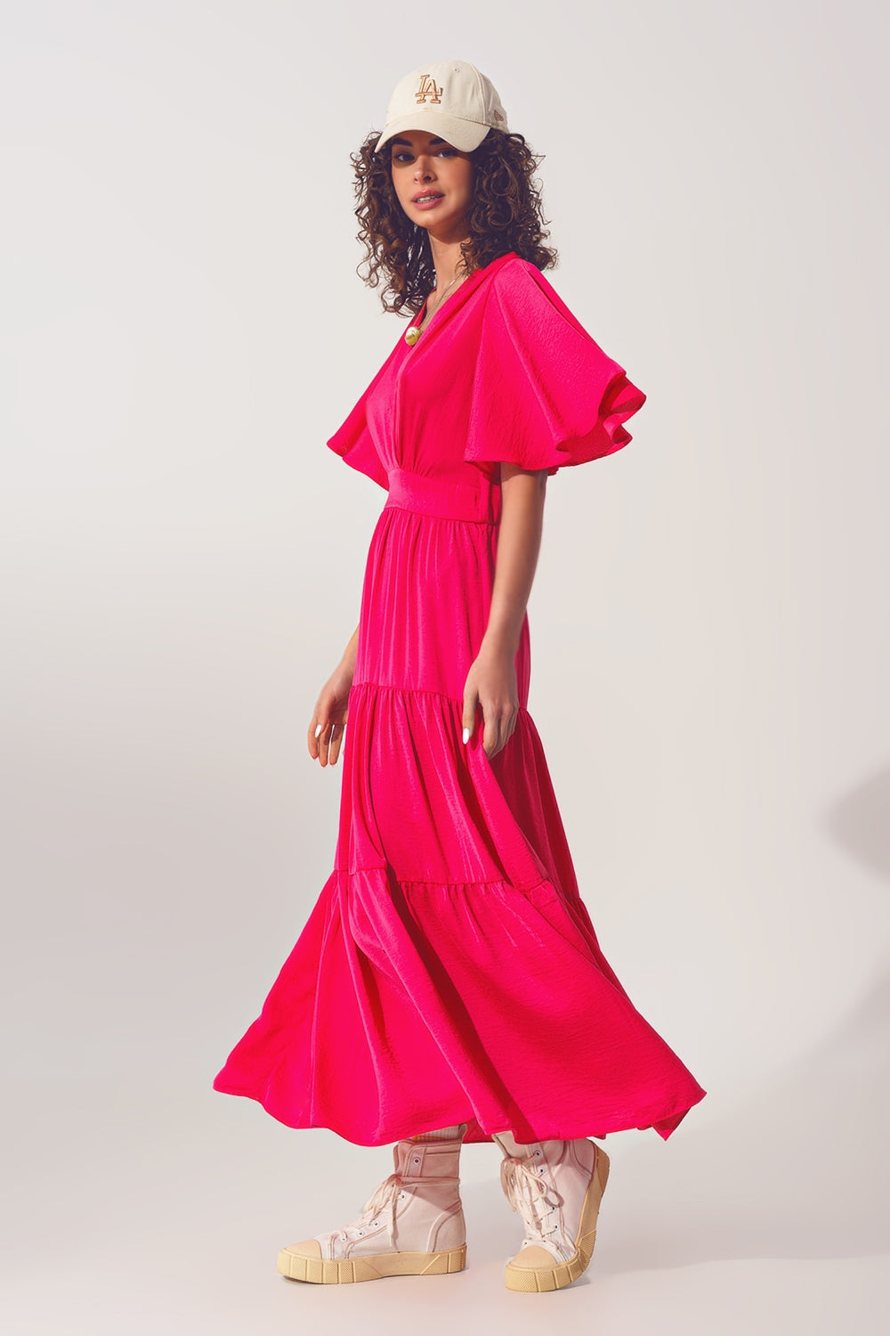 Maxi Abito Smock con Scollo a V in fucsia