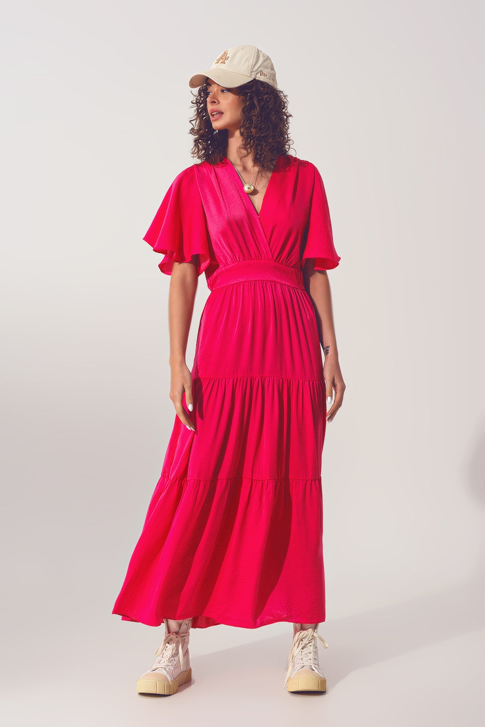 Maxi Abito Smock con Scollo a V in fucsia
