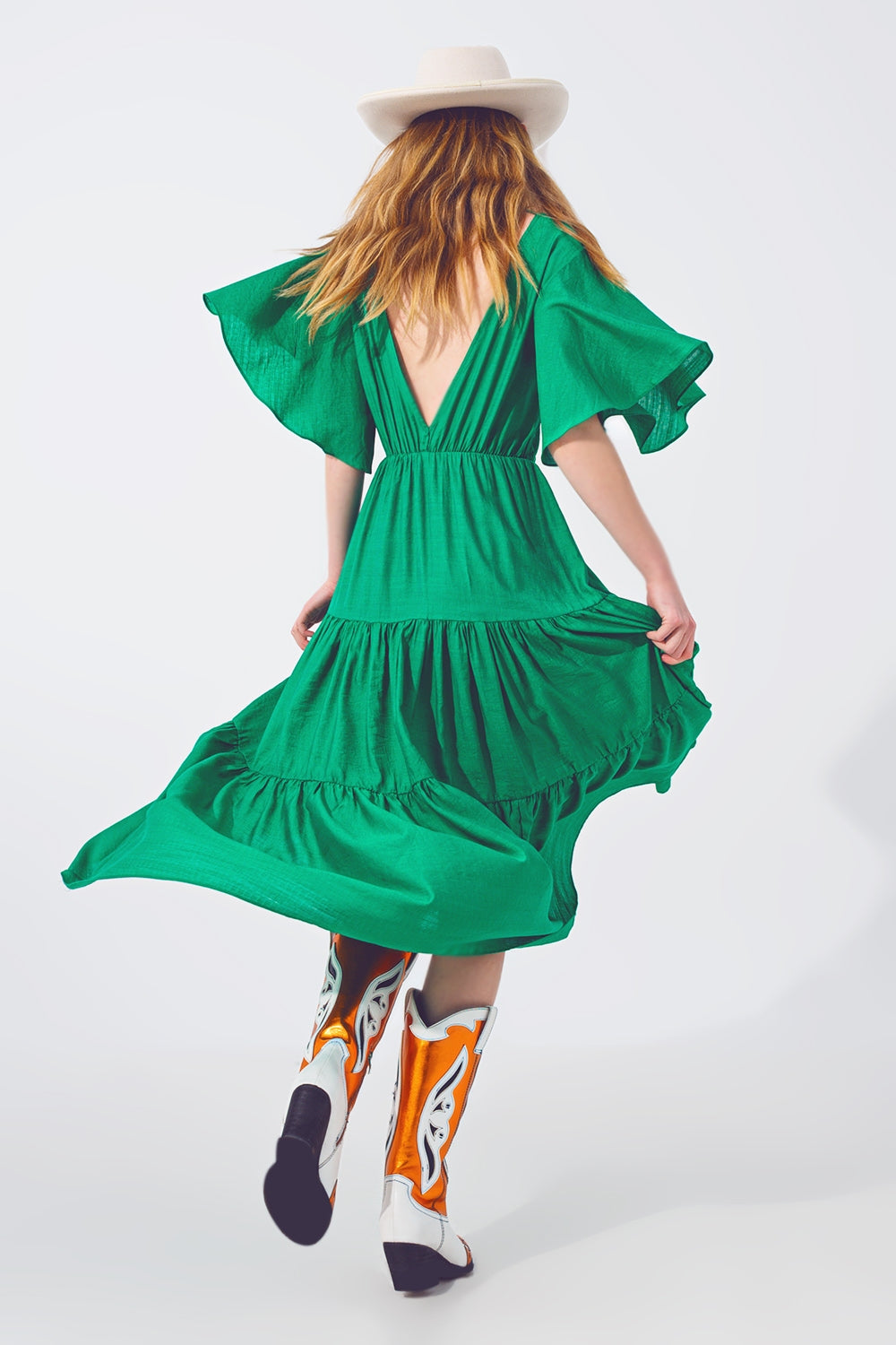 Q2 Maxi Abito Smock con Scollo a V in Verde