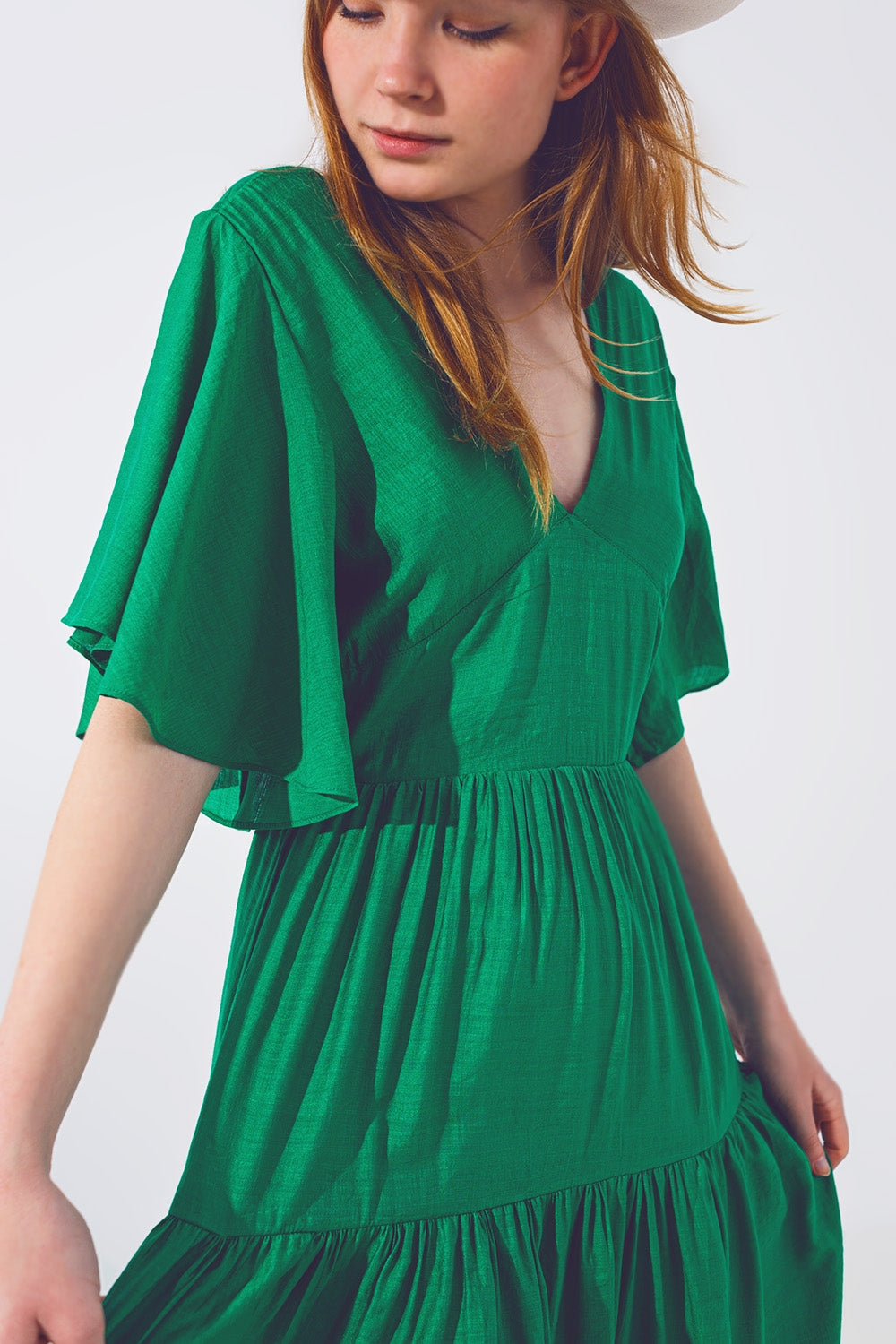 Maxi Abito Smock con Scollo a V in Verde