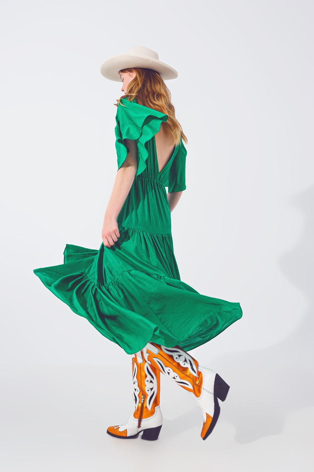 Maxi Abito Smock con Scollo a V in Verde