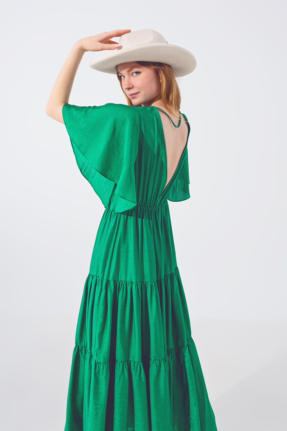 Maxi Abito Smock con Scollo a V in Verde