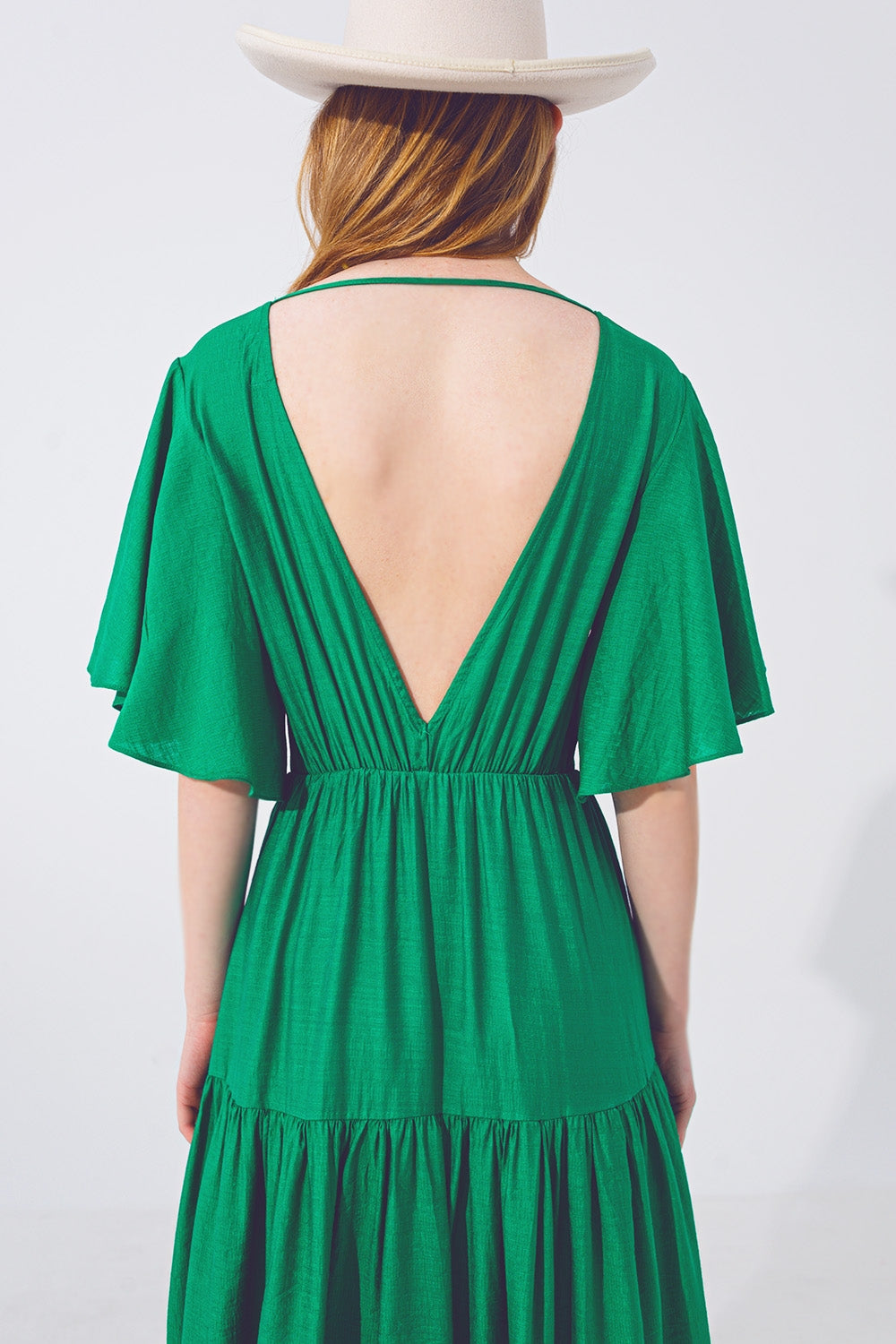 Maxi Abito Smock con Scollo a V in Verde