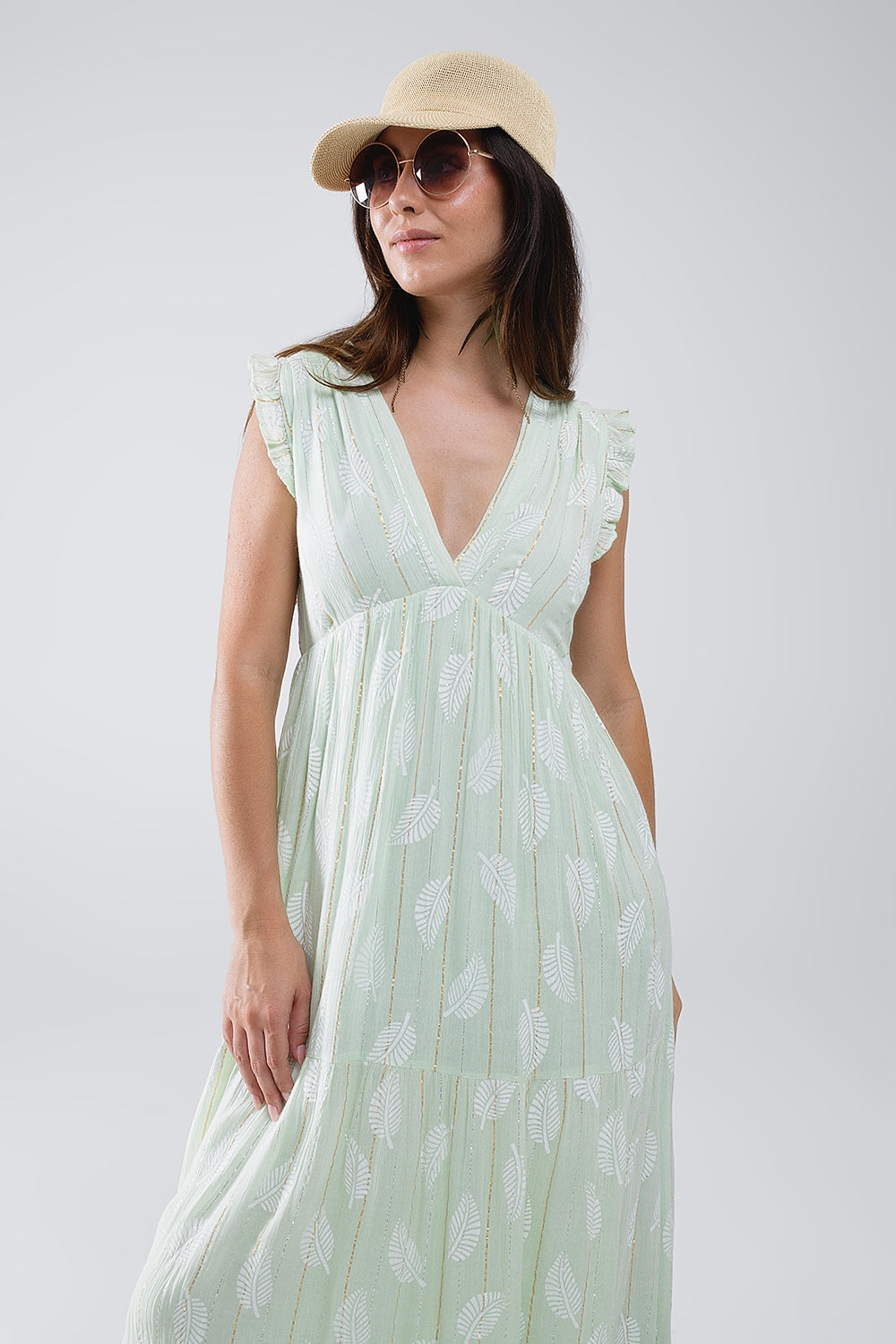 Maxi babydoll boho con stampa a foglie e lurex in menta
