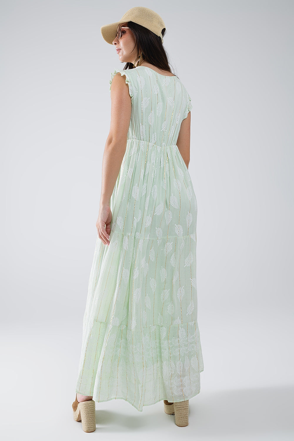 Maxi babydoll boho con stampa a foglie e lurex in menta