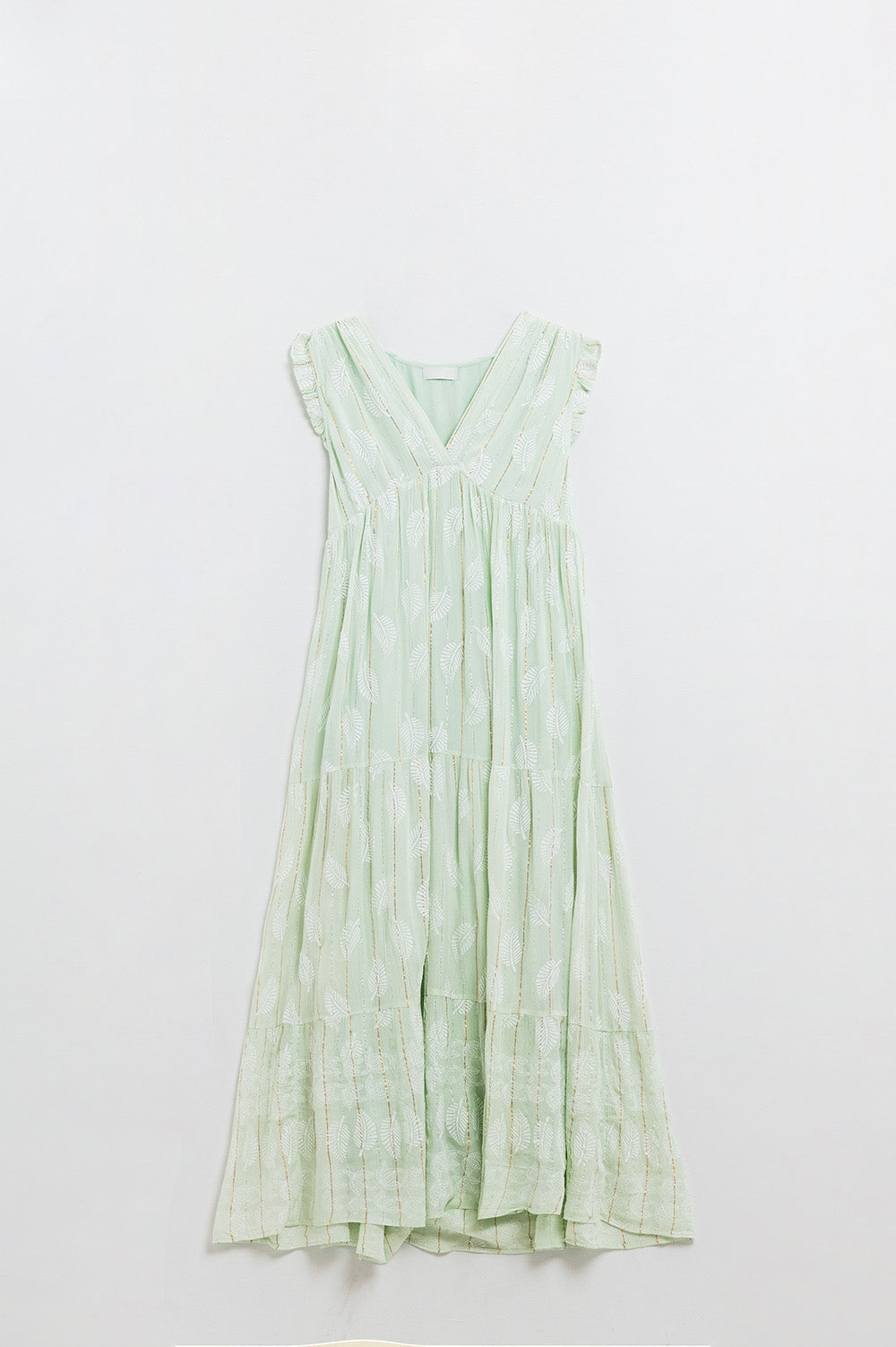 Maxi babydoll boho con stampa a foglie e lurex in menta