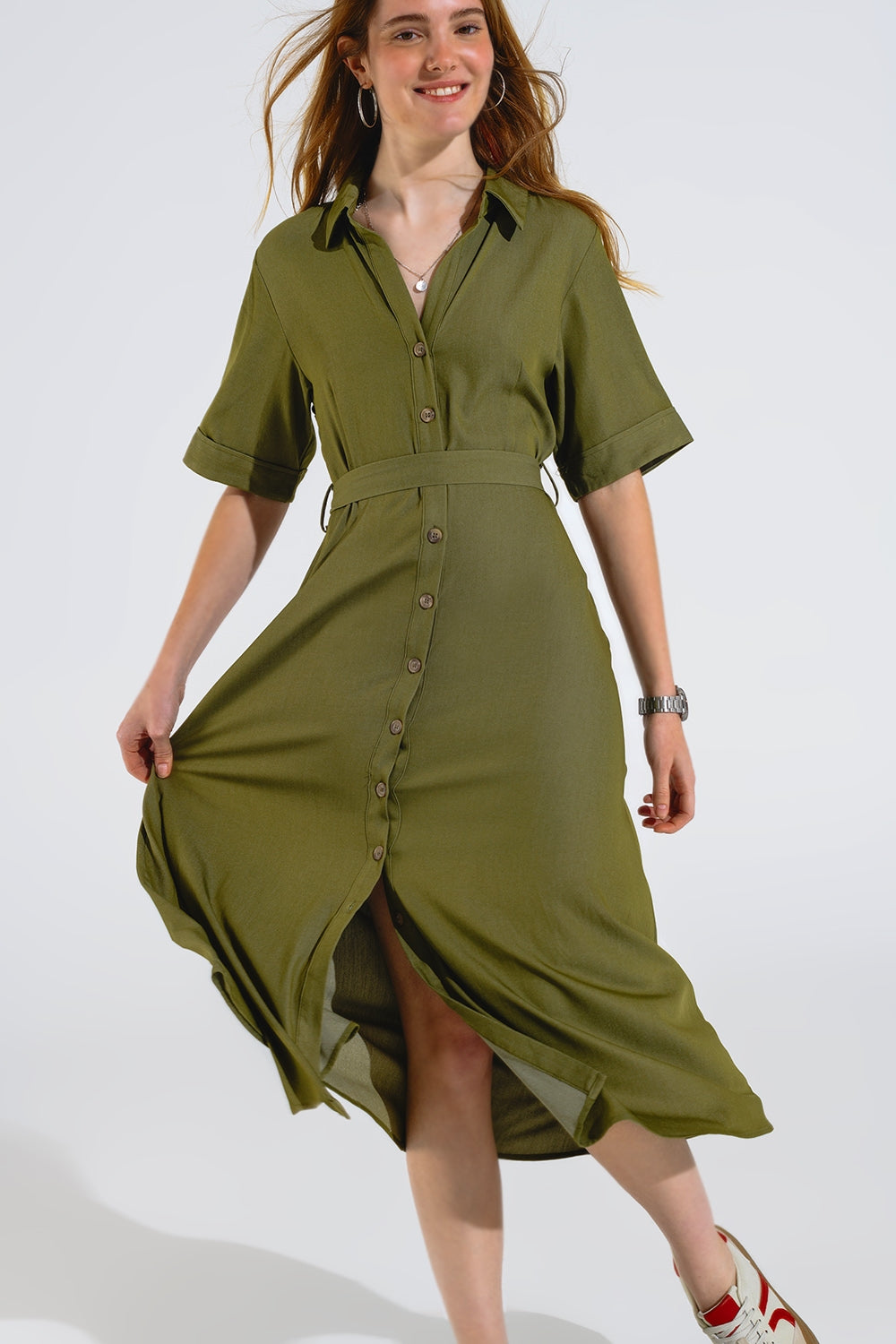Maxi camicia verde con colletto a polo