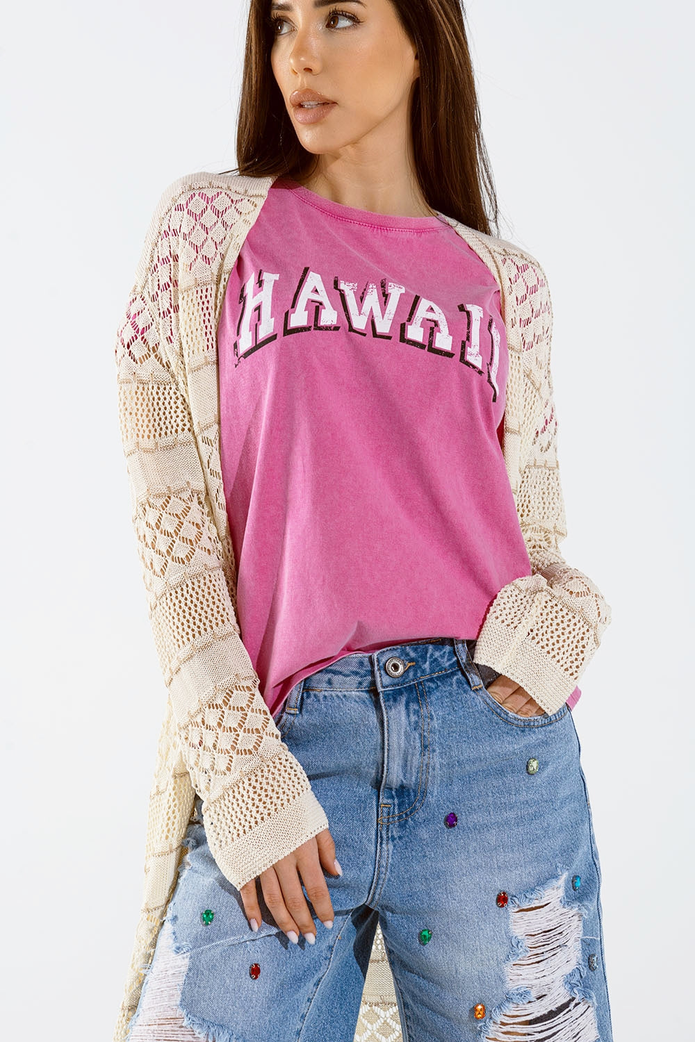 Maxi cardigan all'uncinetto beige con maniche lunghe