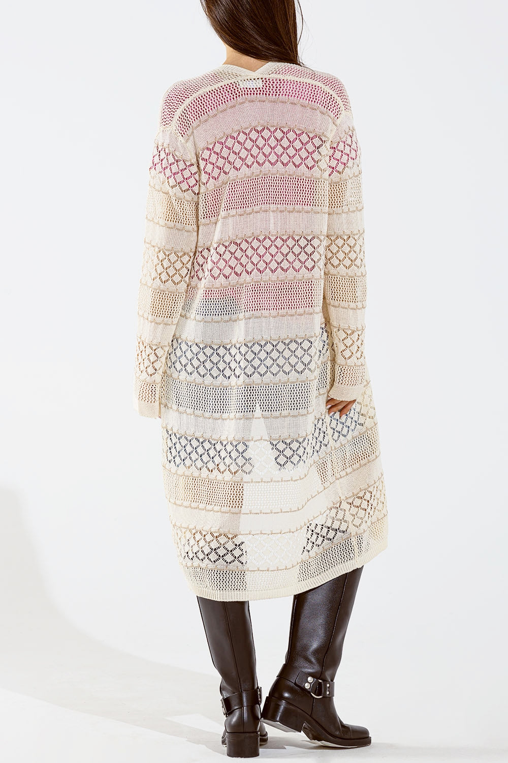 Maxi cardigan all'uncinetto beige con maniche lunghe