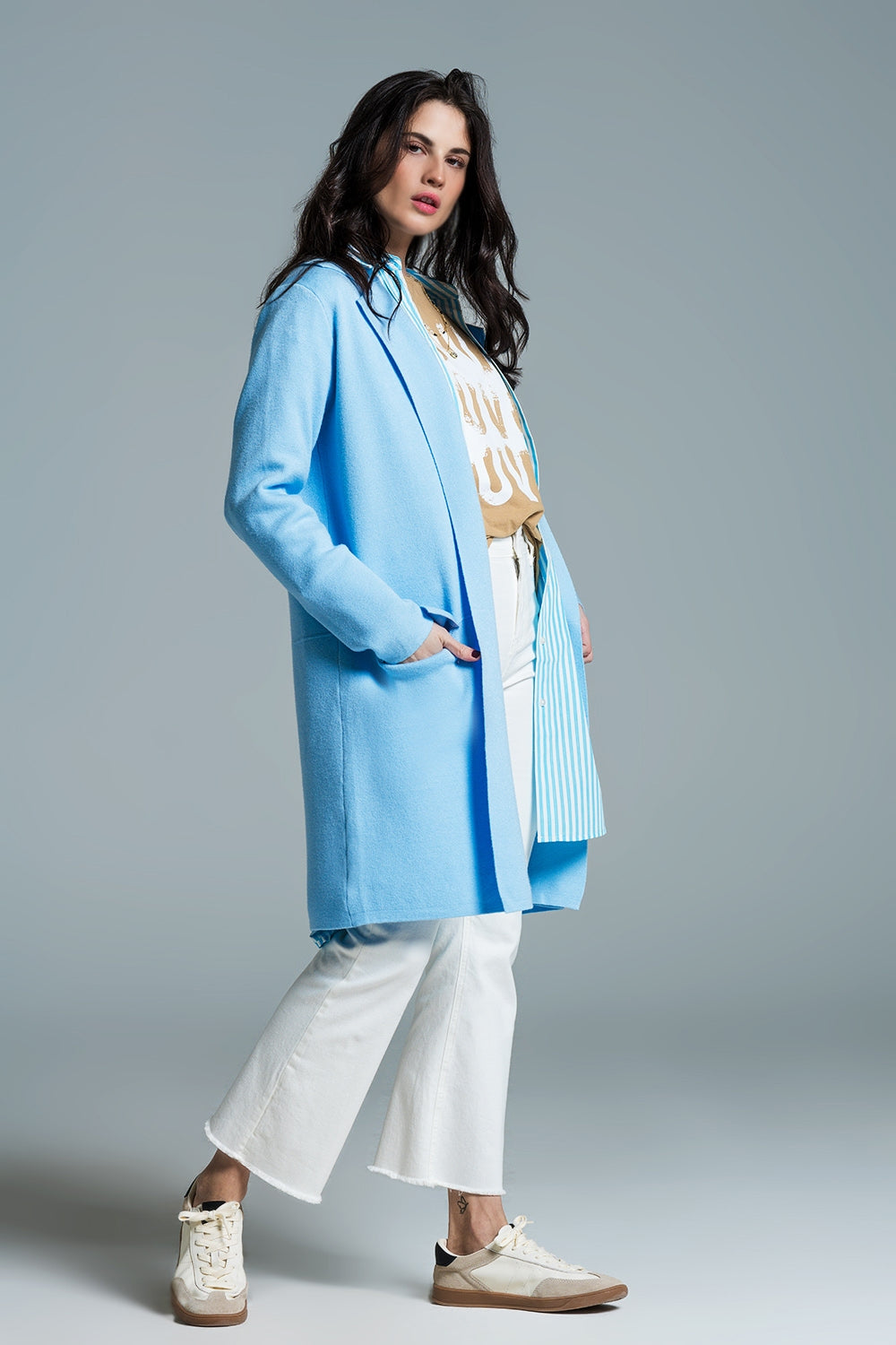 Maxi cardigan con collo oversize in blu baby