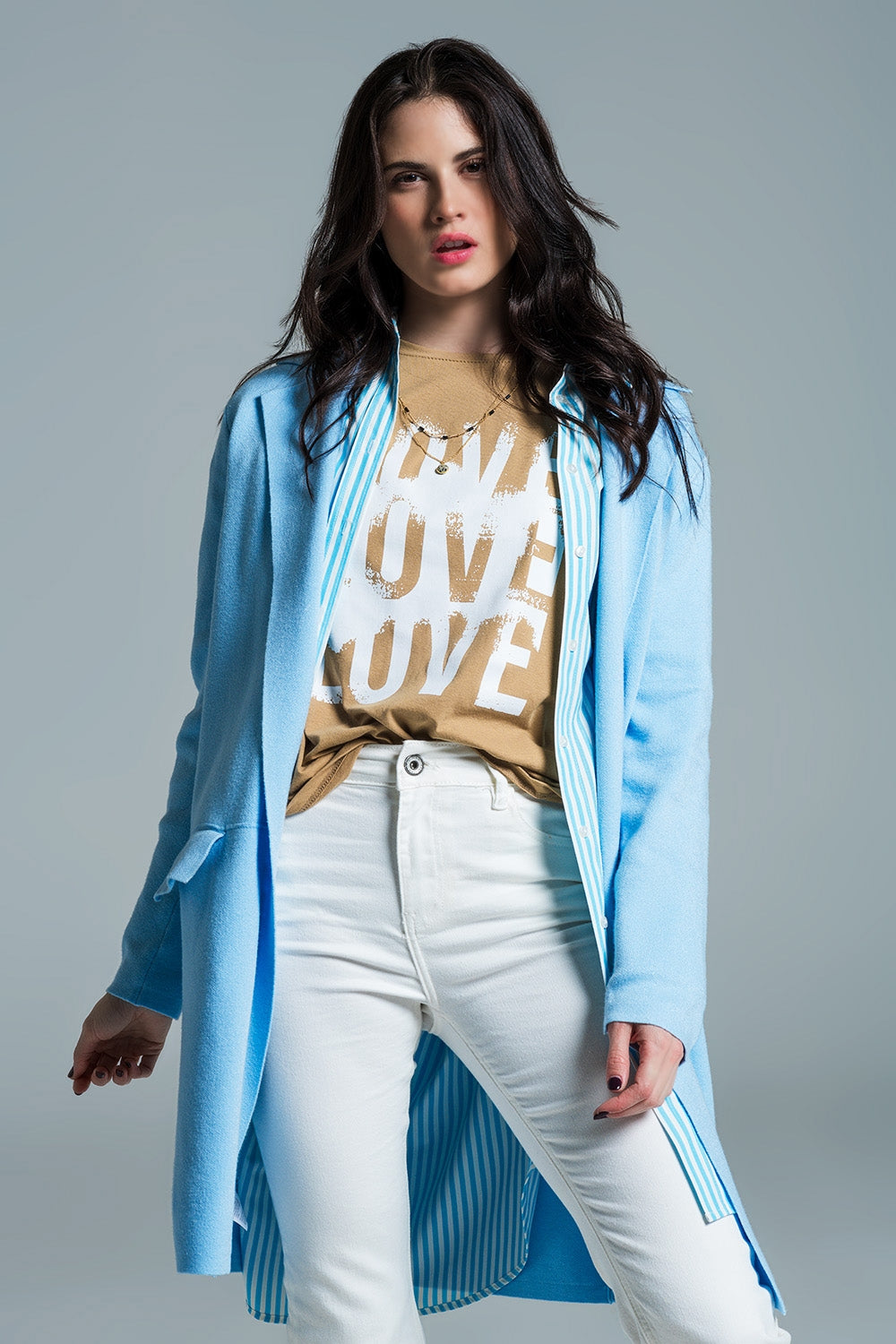 Maxi cardigan con collo oversize in blu baby