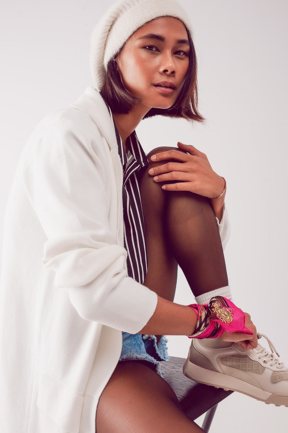 Maxi cardigan panna con colletto