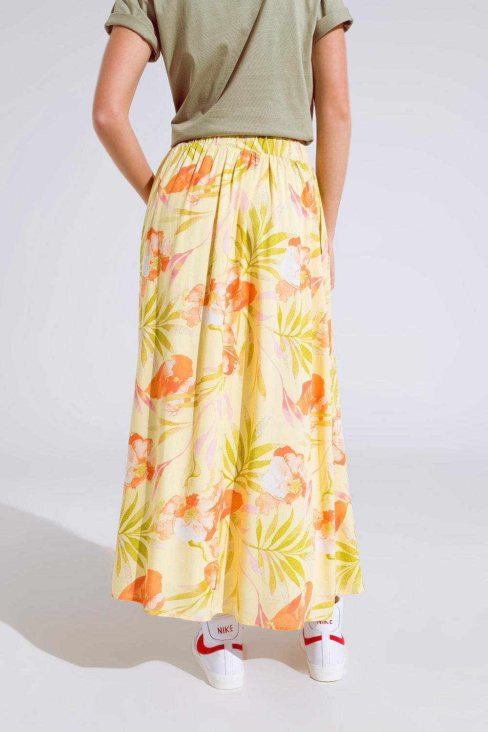 maxi gonna gialla con stampa tropicale