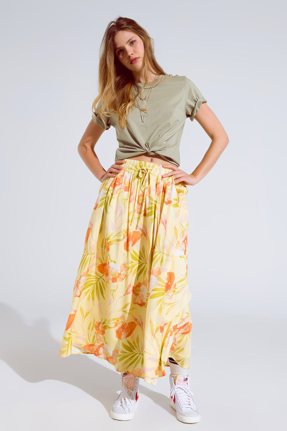 maxi gonna gialla con stampa tropicale