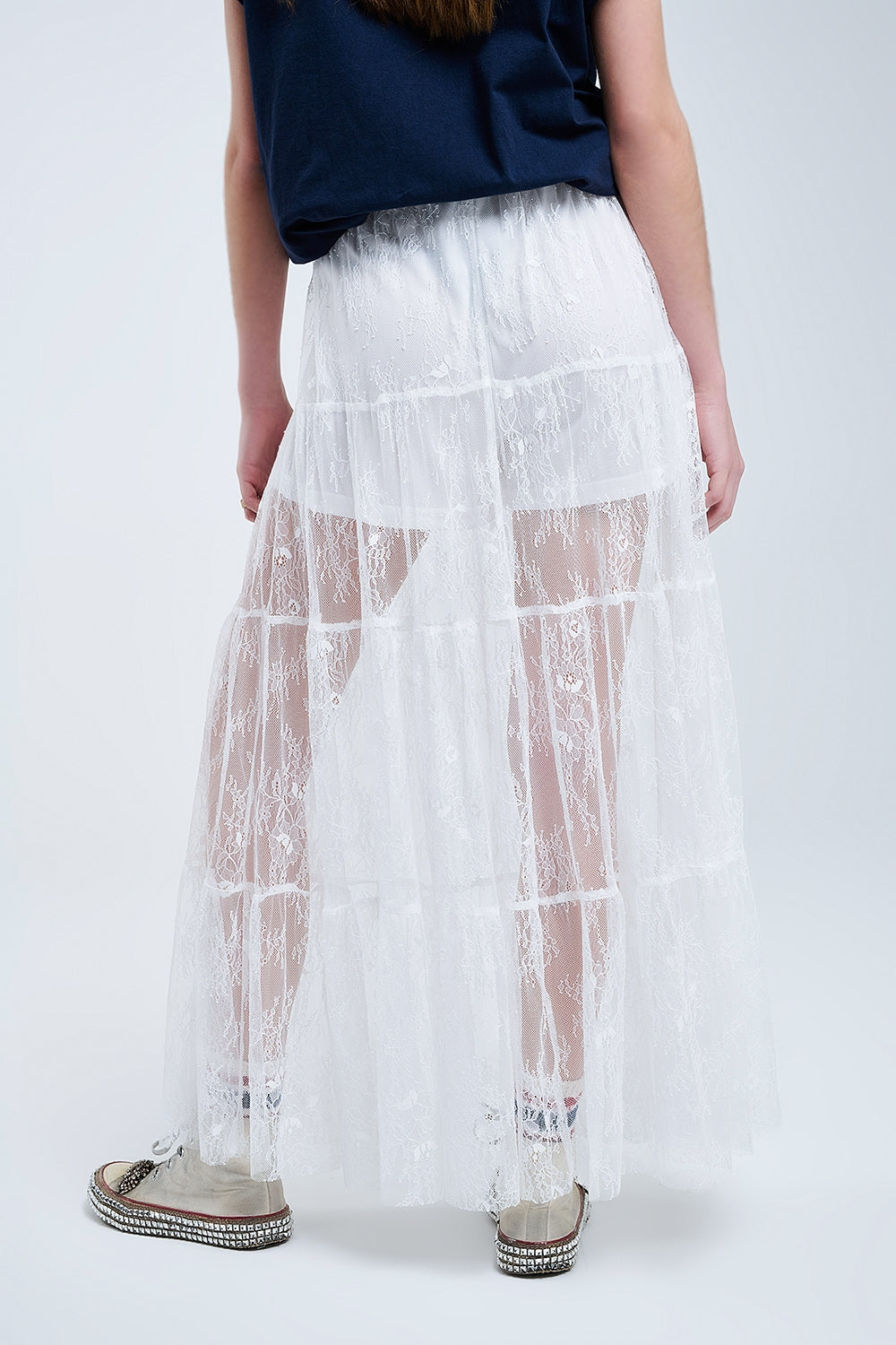 maxi gonna in pizzo bianco con stampa floreale