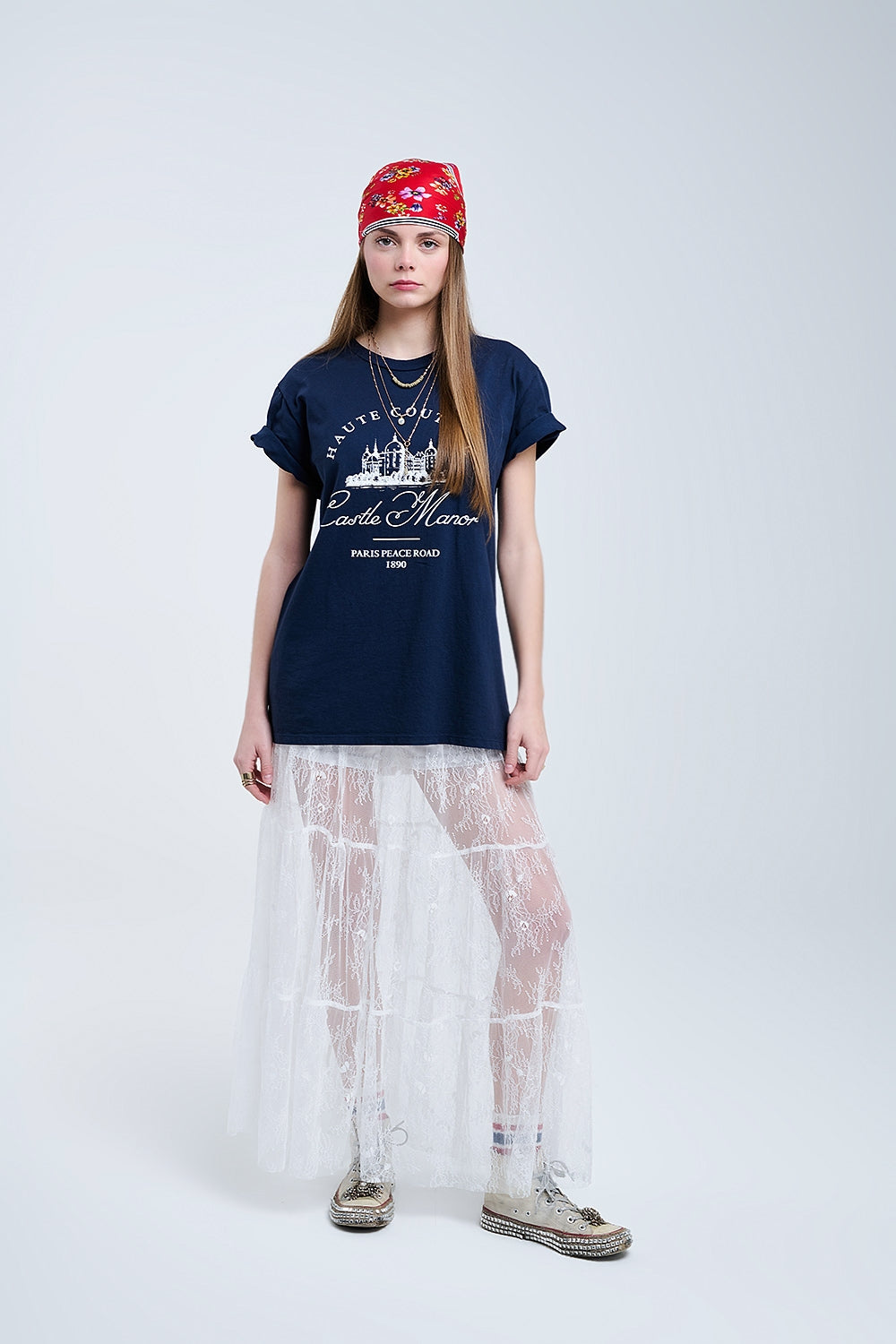maxi gonna in pizzo bianco con stampa floreale