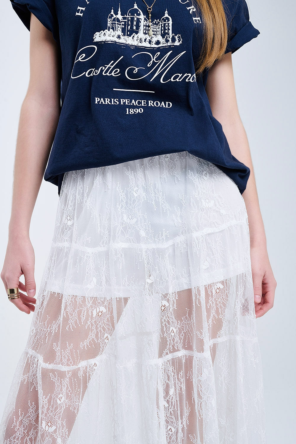 maxi gonna in pizzo bianco con stampa floreale