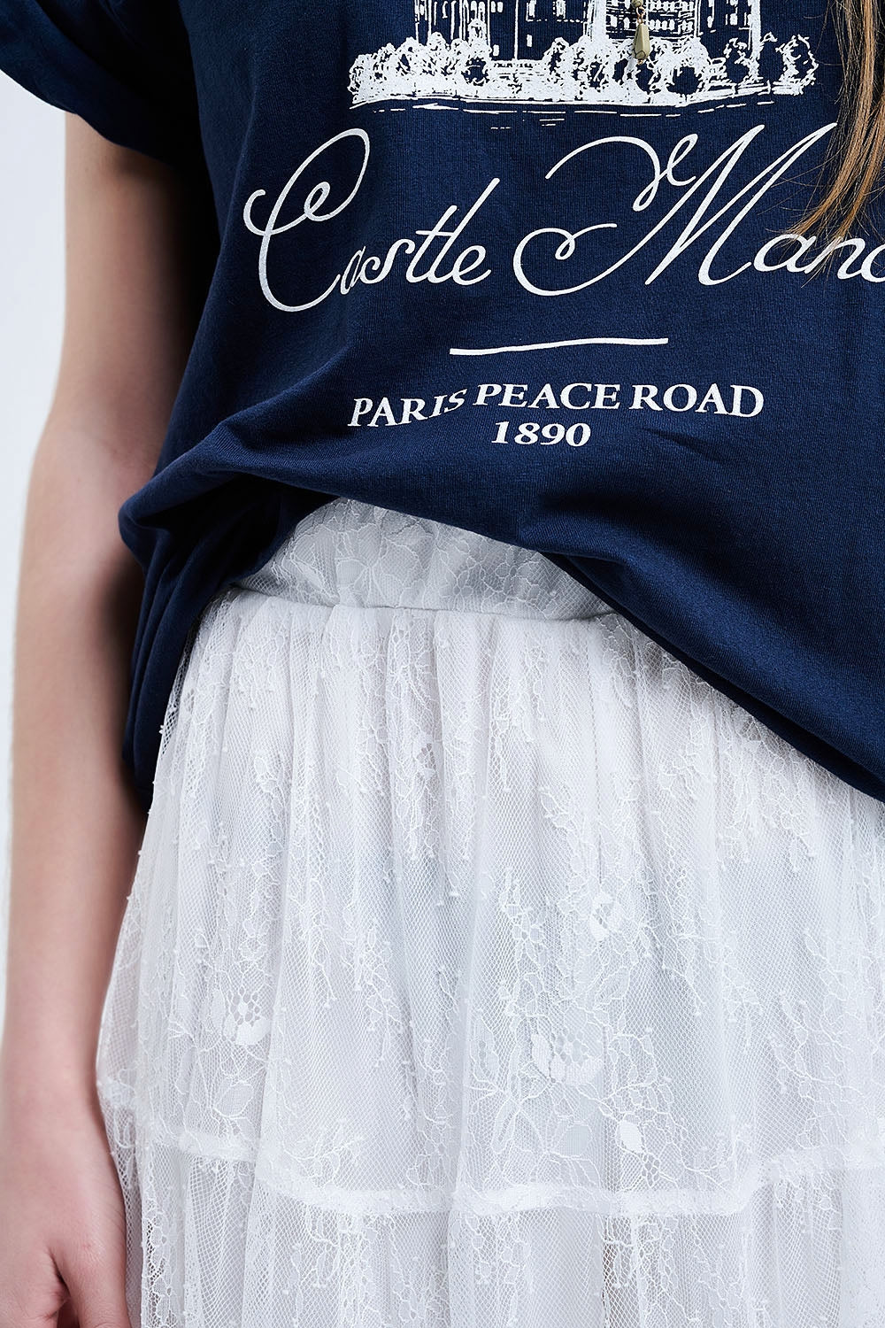 maxi gonna in pizzo bianco con stampa floreale