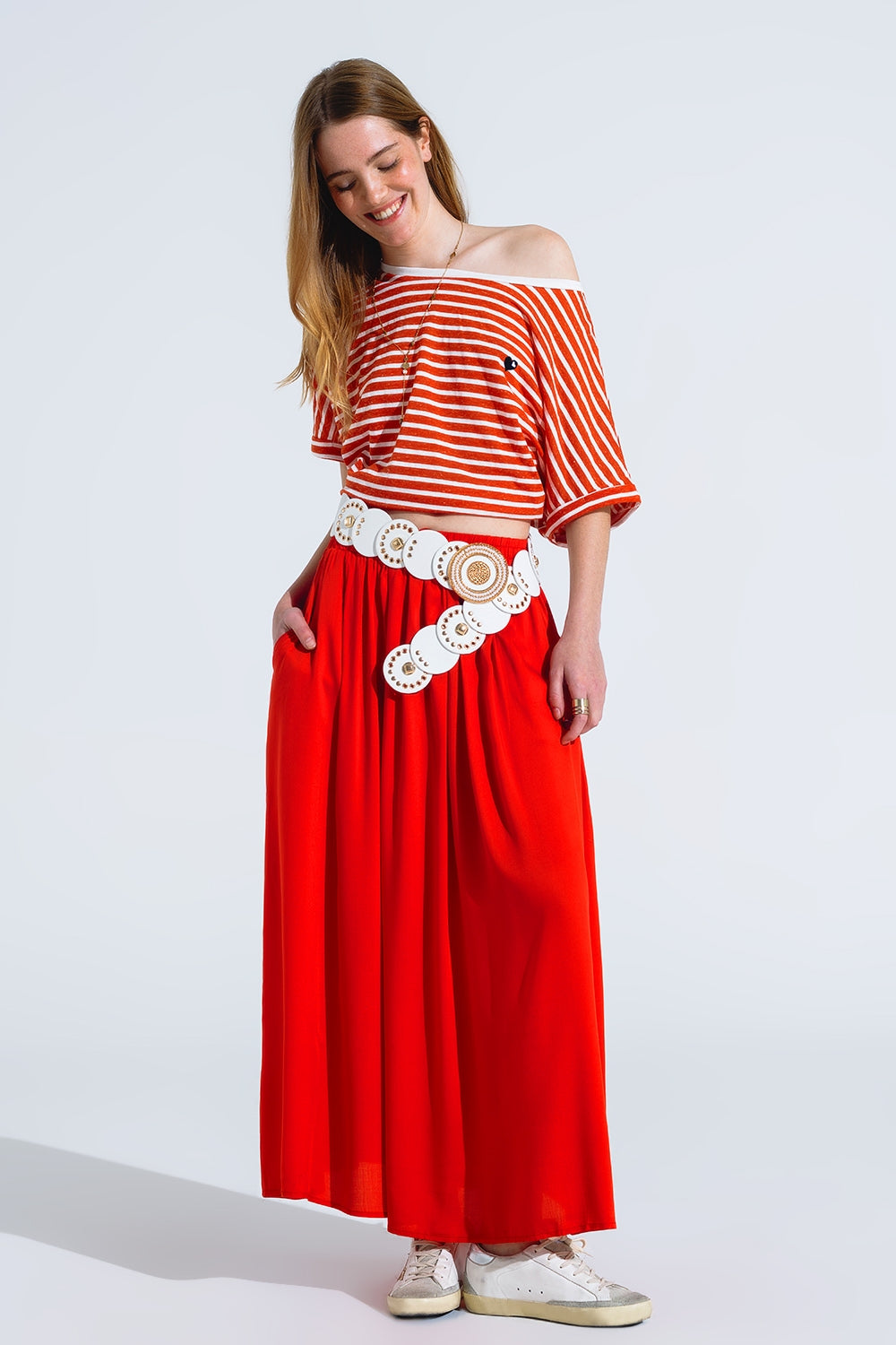 Maxi gonna in tessuto fluido rosso con elastico in vita