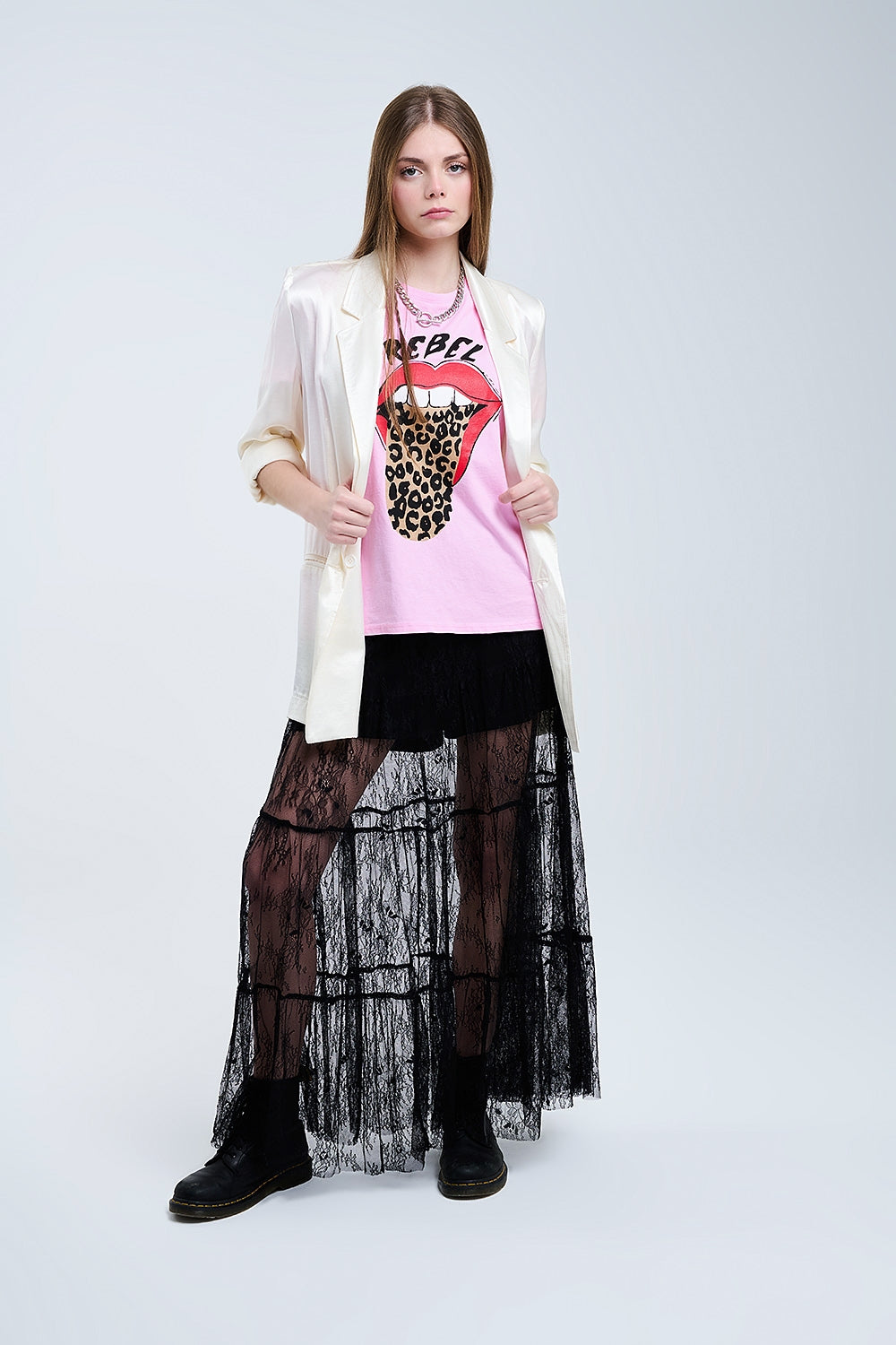 Maxi gonna nera in pizzo con stampa floreale