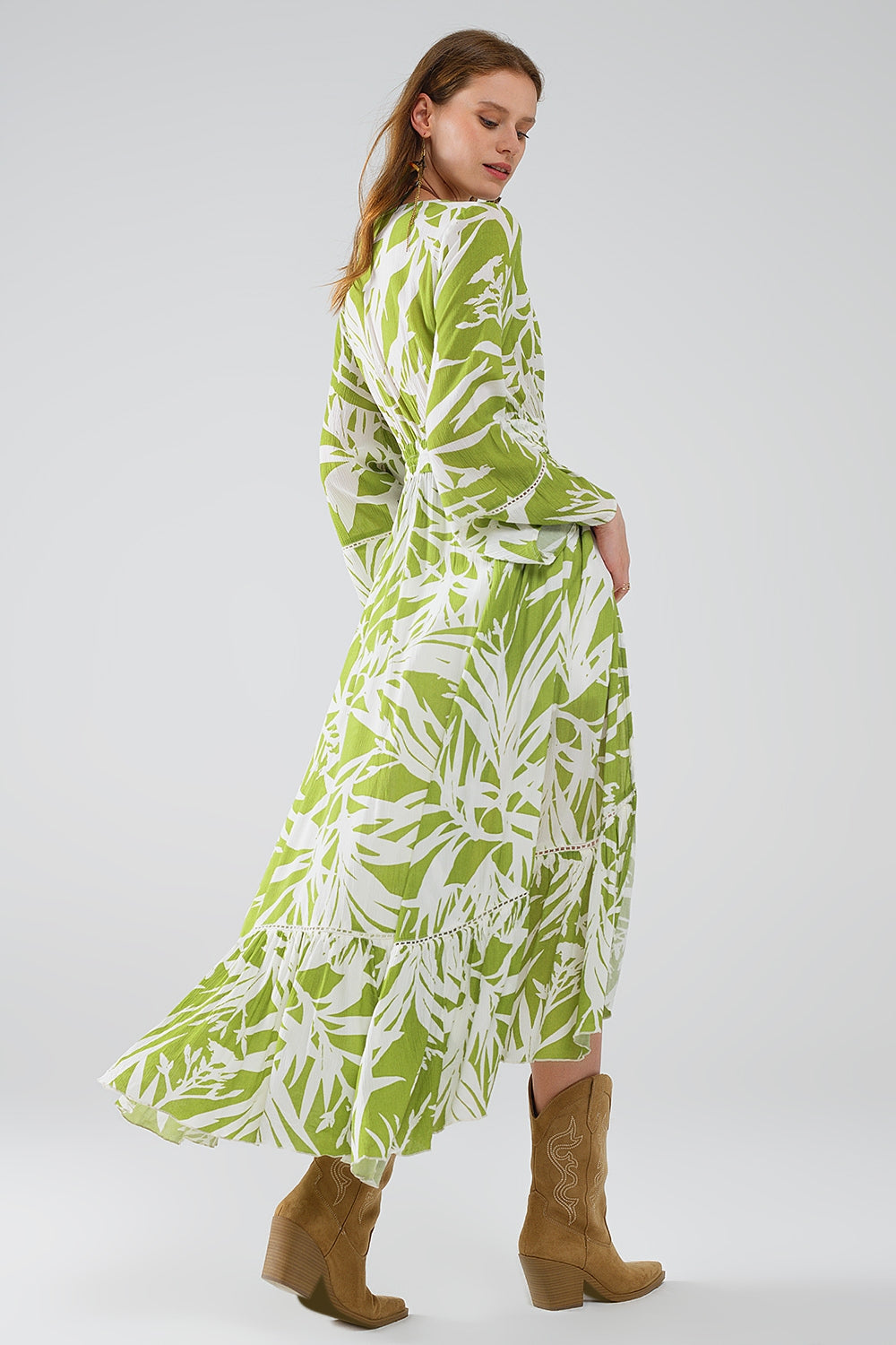 Maxi kimono verde con stampa di palme tropicali