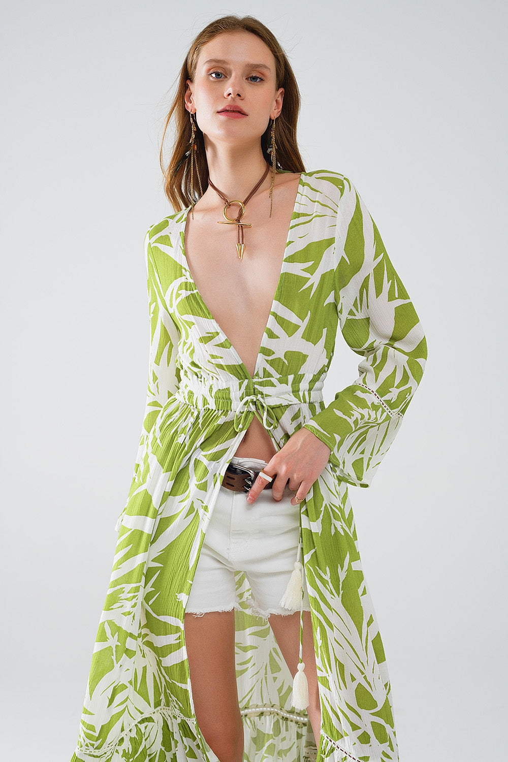 Maxi kimono verde con stampa di palme tropicali