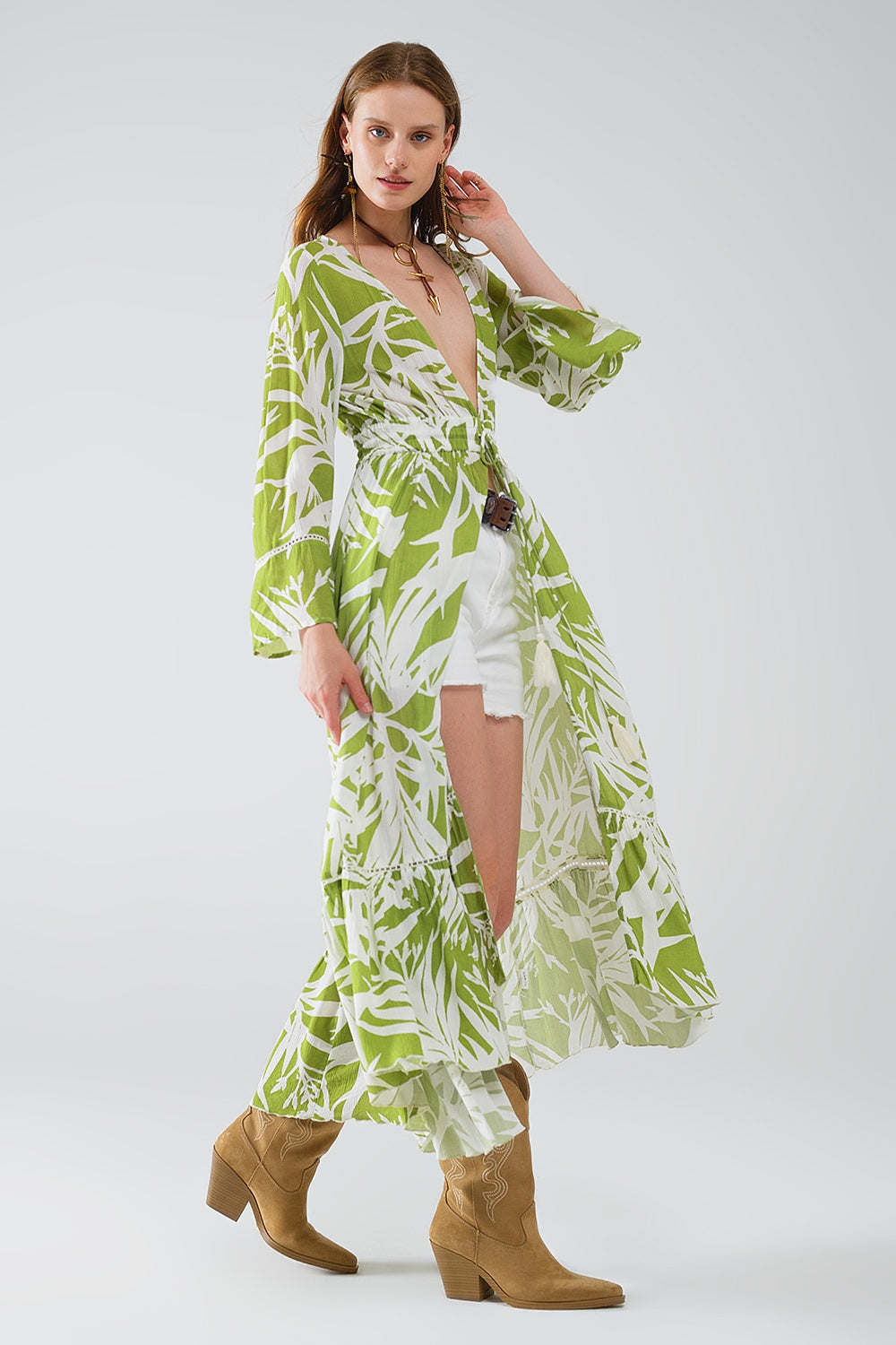 Maxi kimono verde con stampa di palme tropicali
