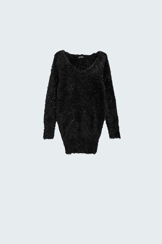 Q2 maxi maglione nero con dettagli in strass