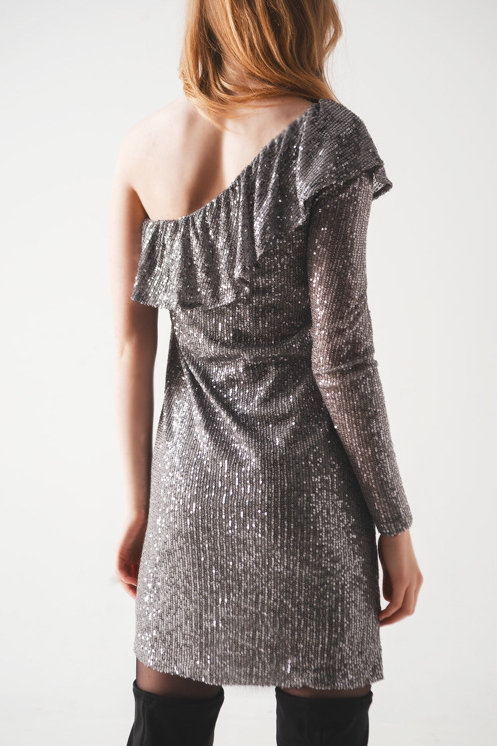 Mini abito a manica lunga in paillettes argento