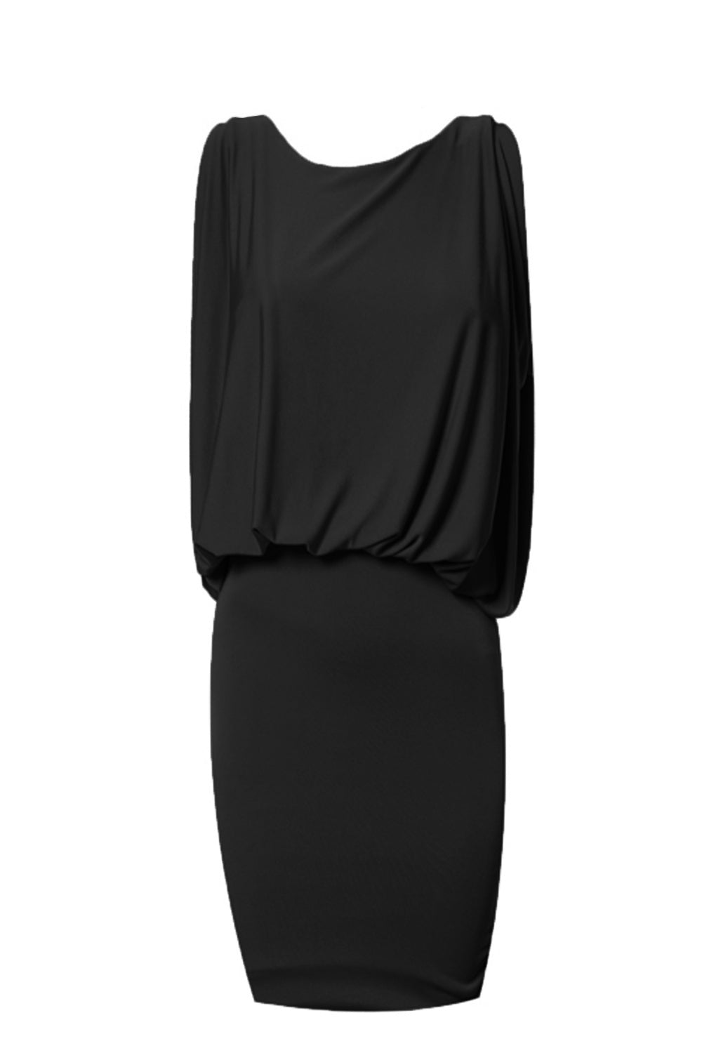 Mini abito nero drappeggiato con schiena a V