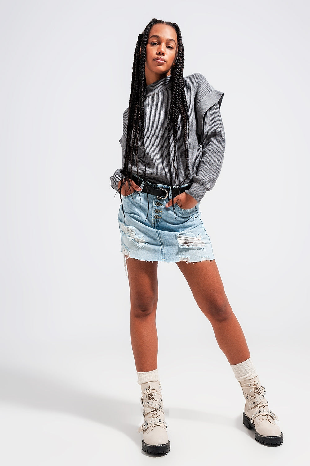 Minigonna di jeans con bottoni blu chiaro