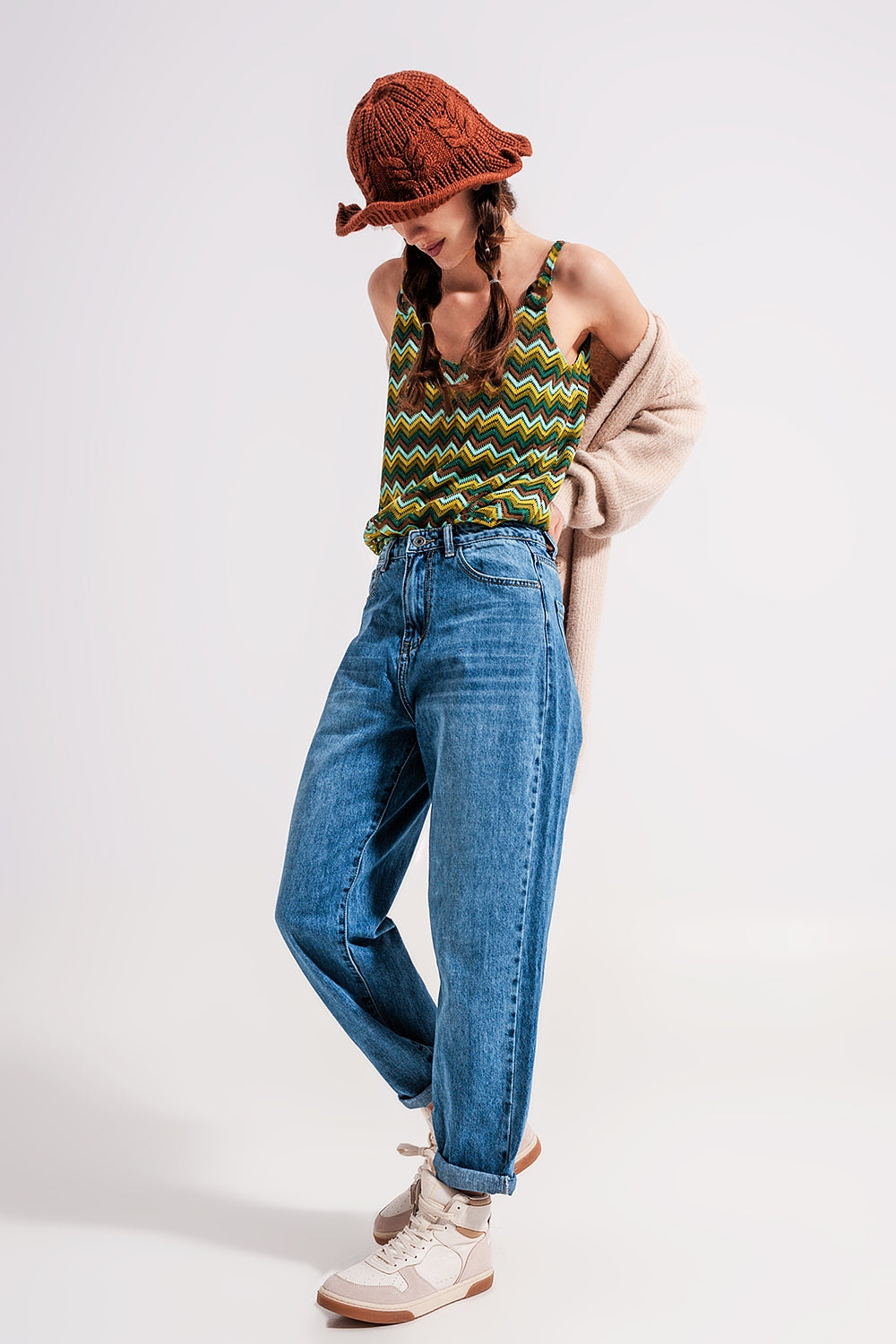 Mom jeans a vita alta in cotone