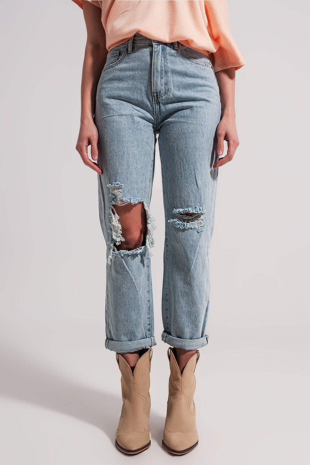 Q2 Mom jeans a vita alta lavaggio chiaro con rotture