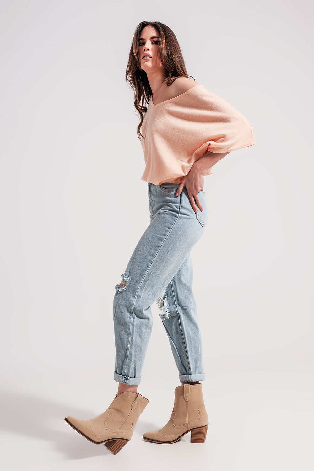 Mom jeans a vita alta lavaggio chiaro con rotture