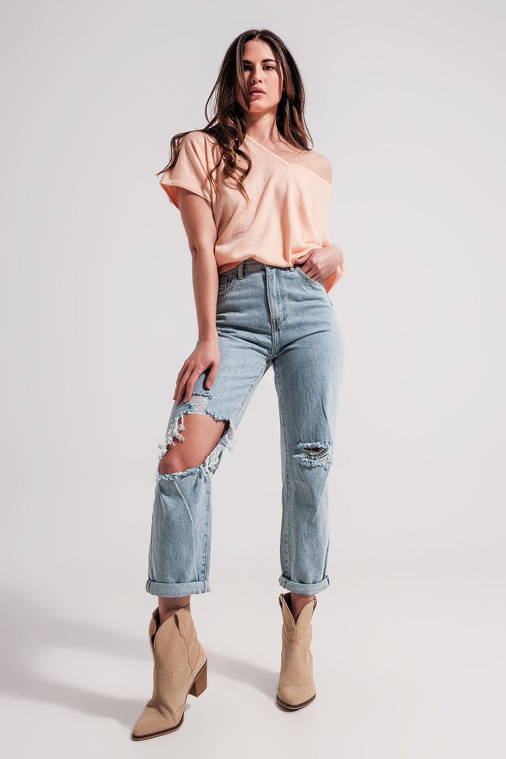 Mom jeans a vita alta lavaggio chiaro con rotture