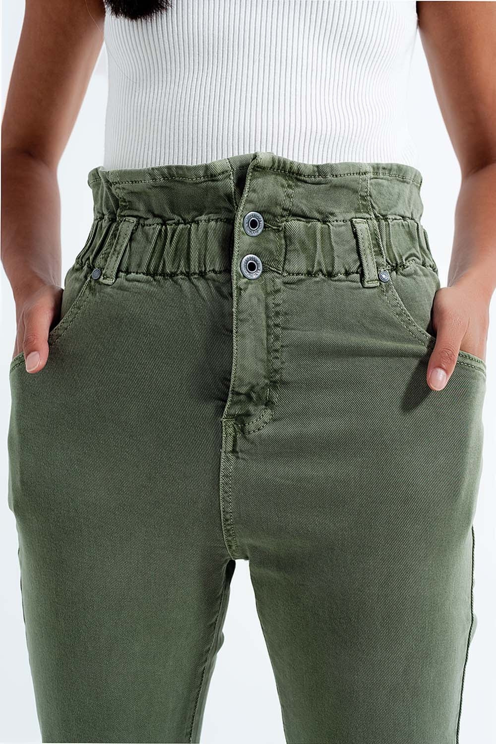 Mom jeans con cintura elasticizzata paperbag kaki