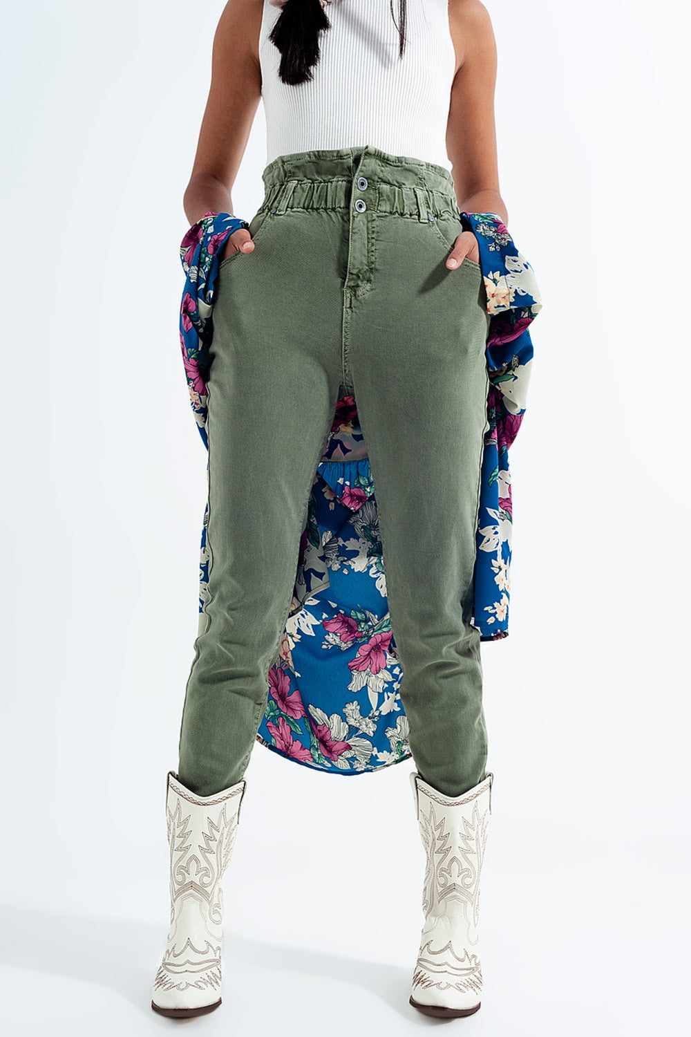 Mom jeans con cintura elasticizzata paperbag kaki