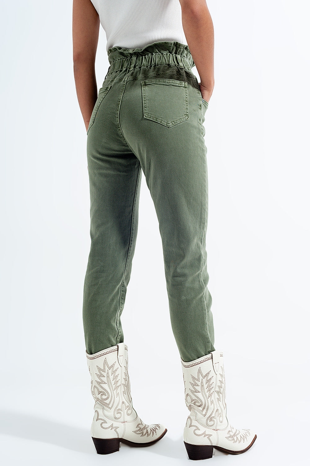 Mom jeans con cintura elasticizzata paperbag kaki