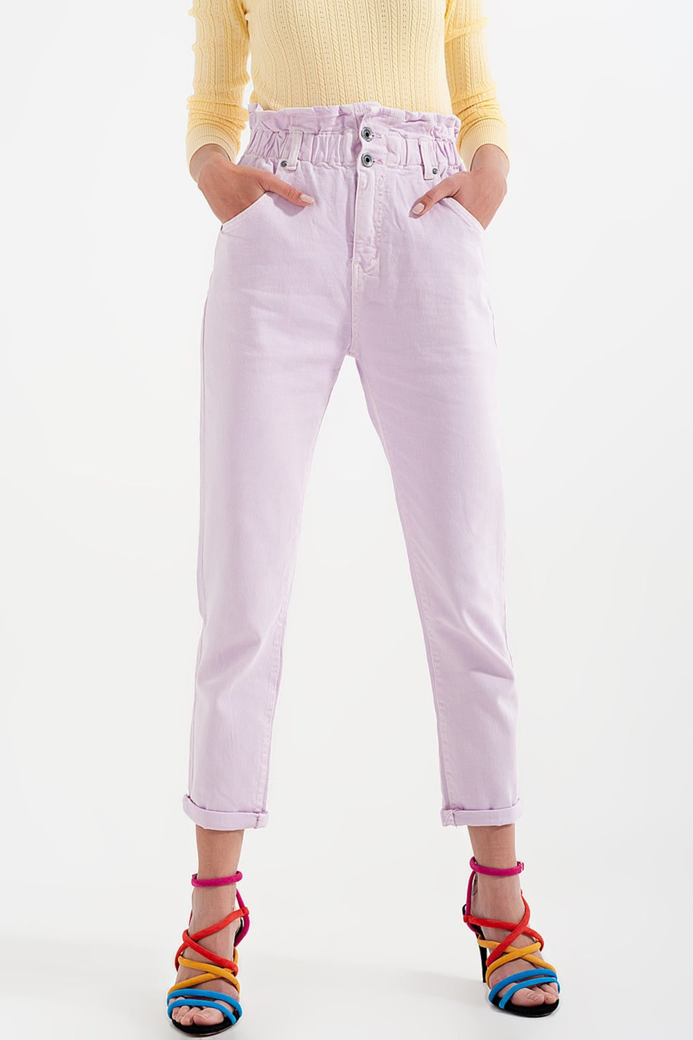 Mom jeans con cintura elasticizzata paperbag lilla