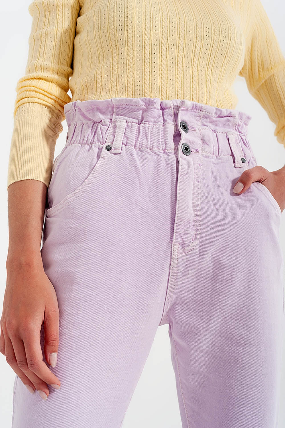 Mom jeans con cintura elasticizzata paperbag lilla