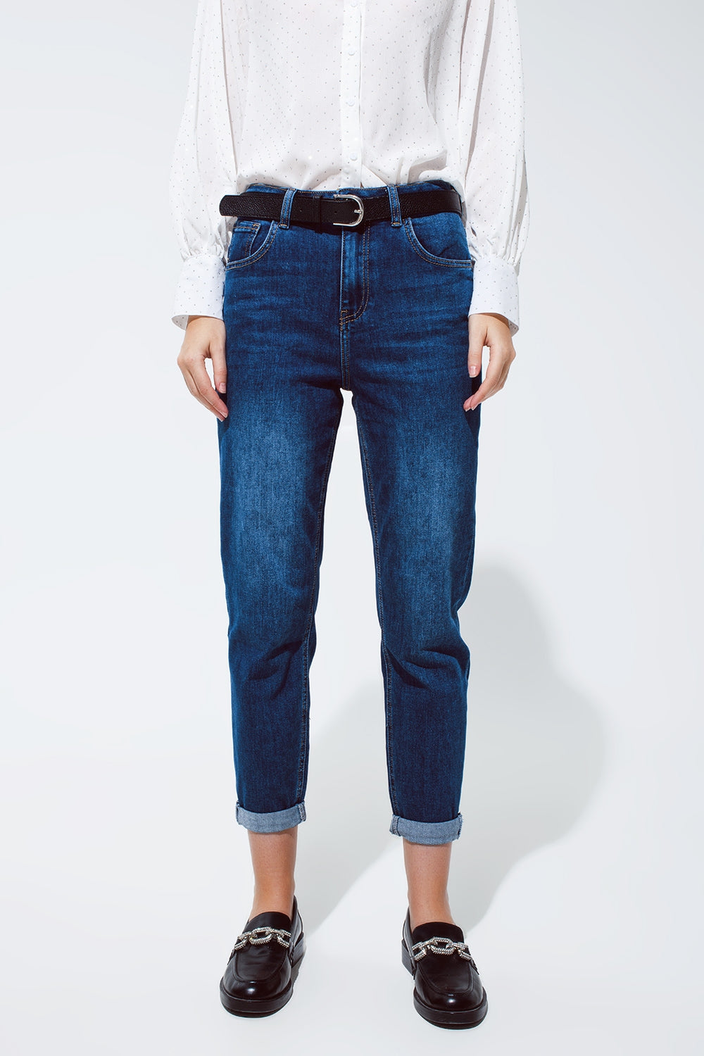 Mum Jeans in lavaggio medio con orlo ripiegato