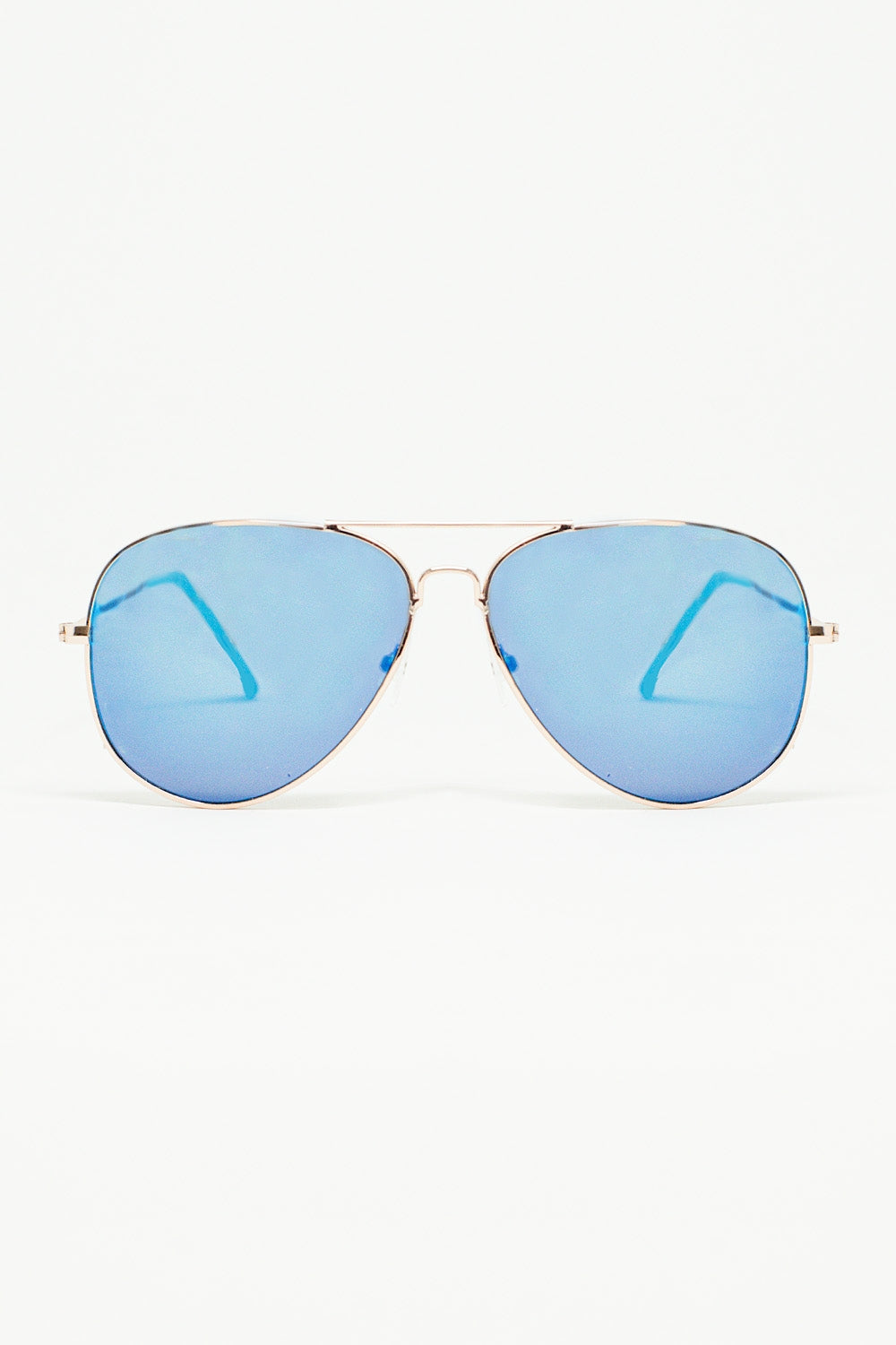 Q2 Occhiali da sole retro Aviator con lenti fumé blu e montatura dorata