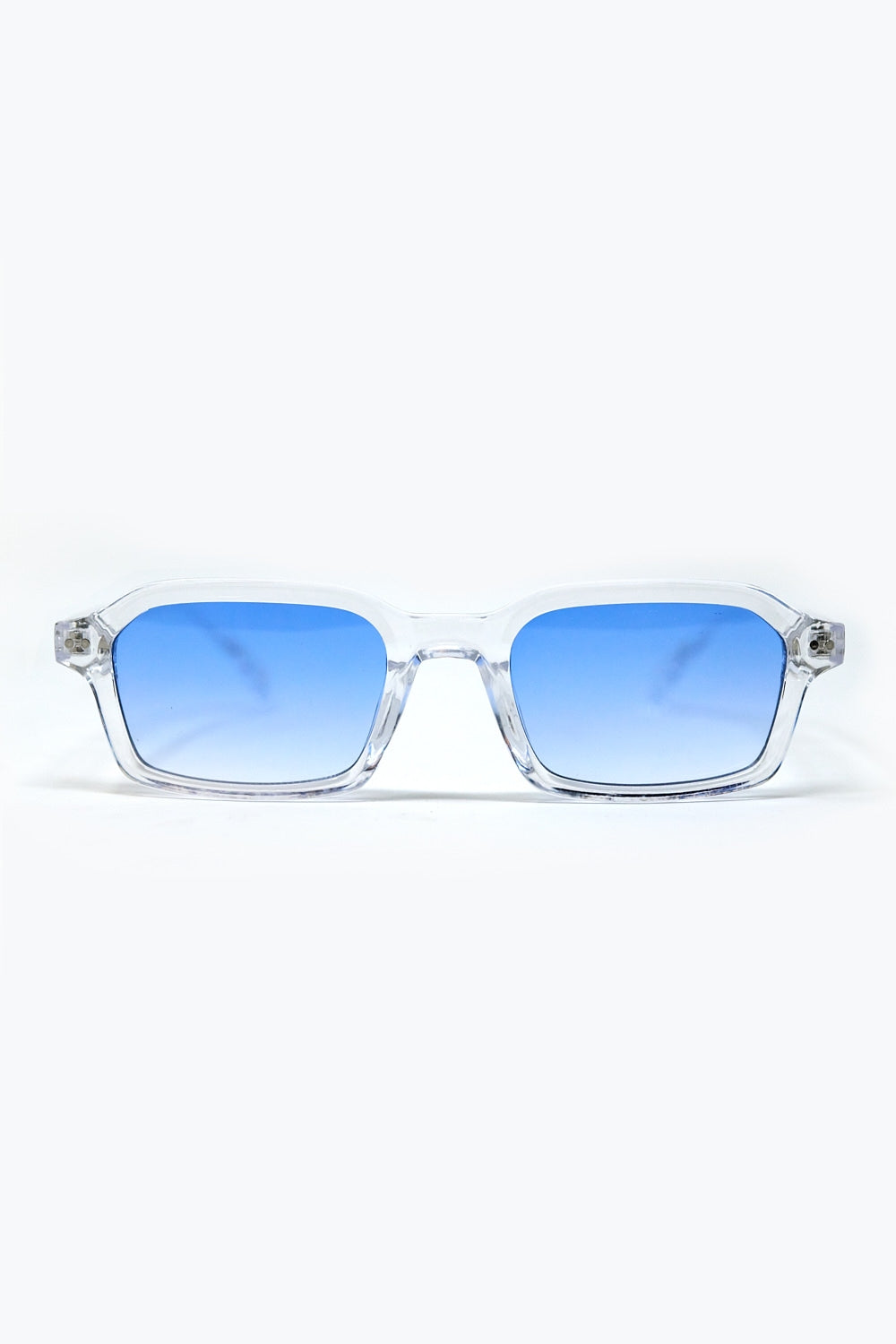 Q2 Occhiali da sole rettangolari con montatura spessa in acetato trasparente e lenti blu fumé