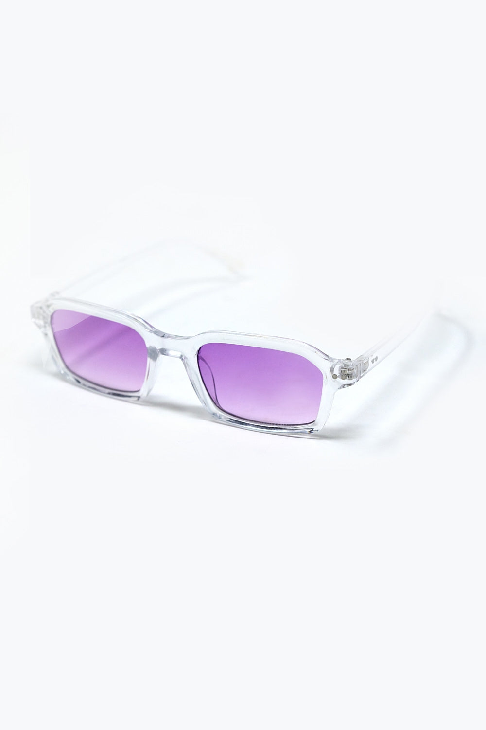 Occhiali da sole rettangolari con montatura spessa in acetato trasparente e lenti fumé viola