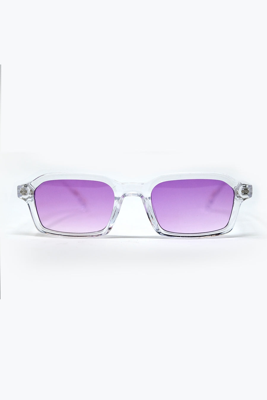 Q2 Occhiali da sole rettangolari con montatura spessa in acetato trasparente e lenti fumé viola