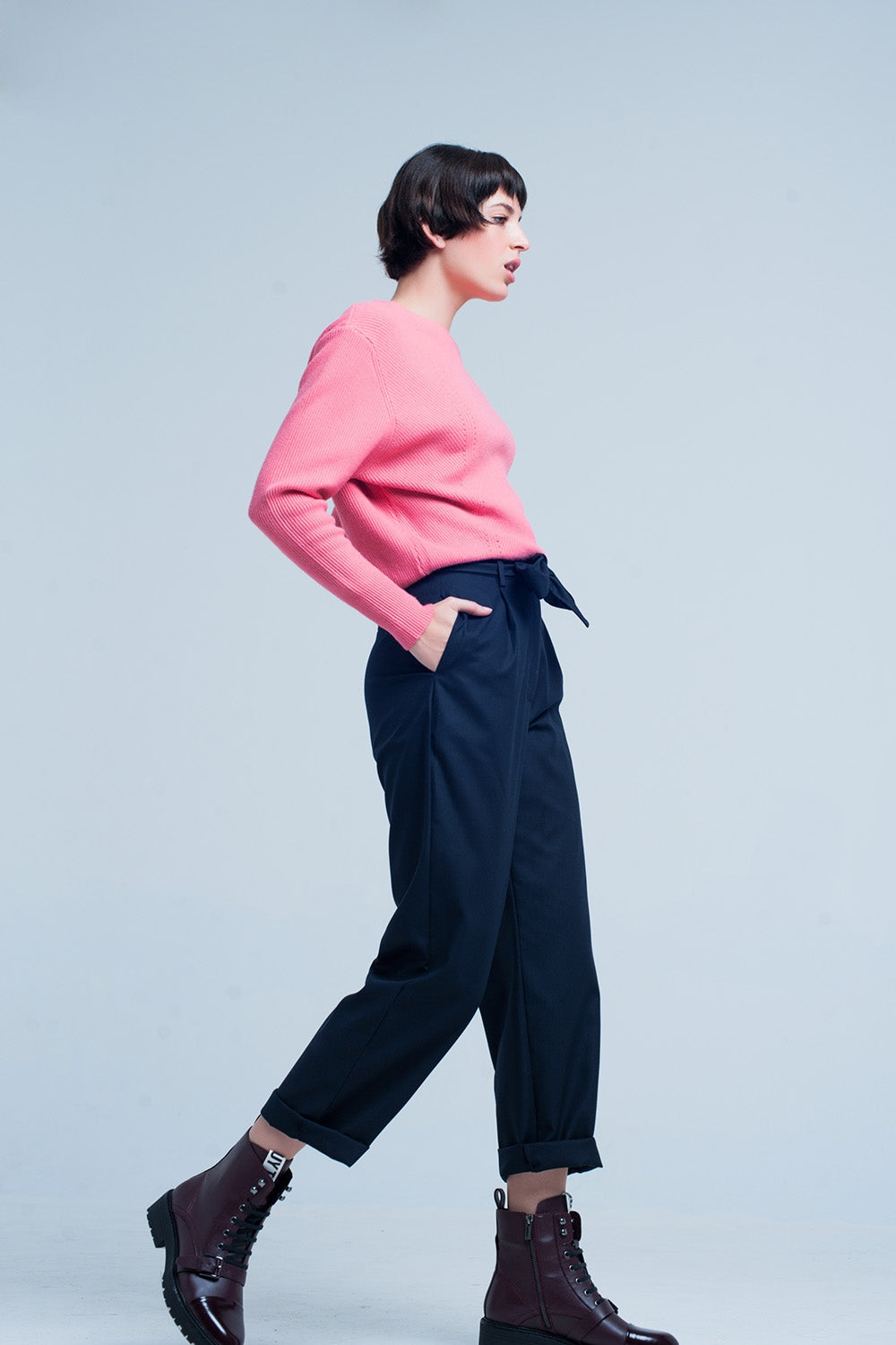Pantalon dritto e largo blu scuro con farfallino