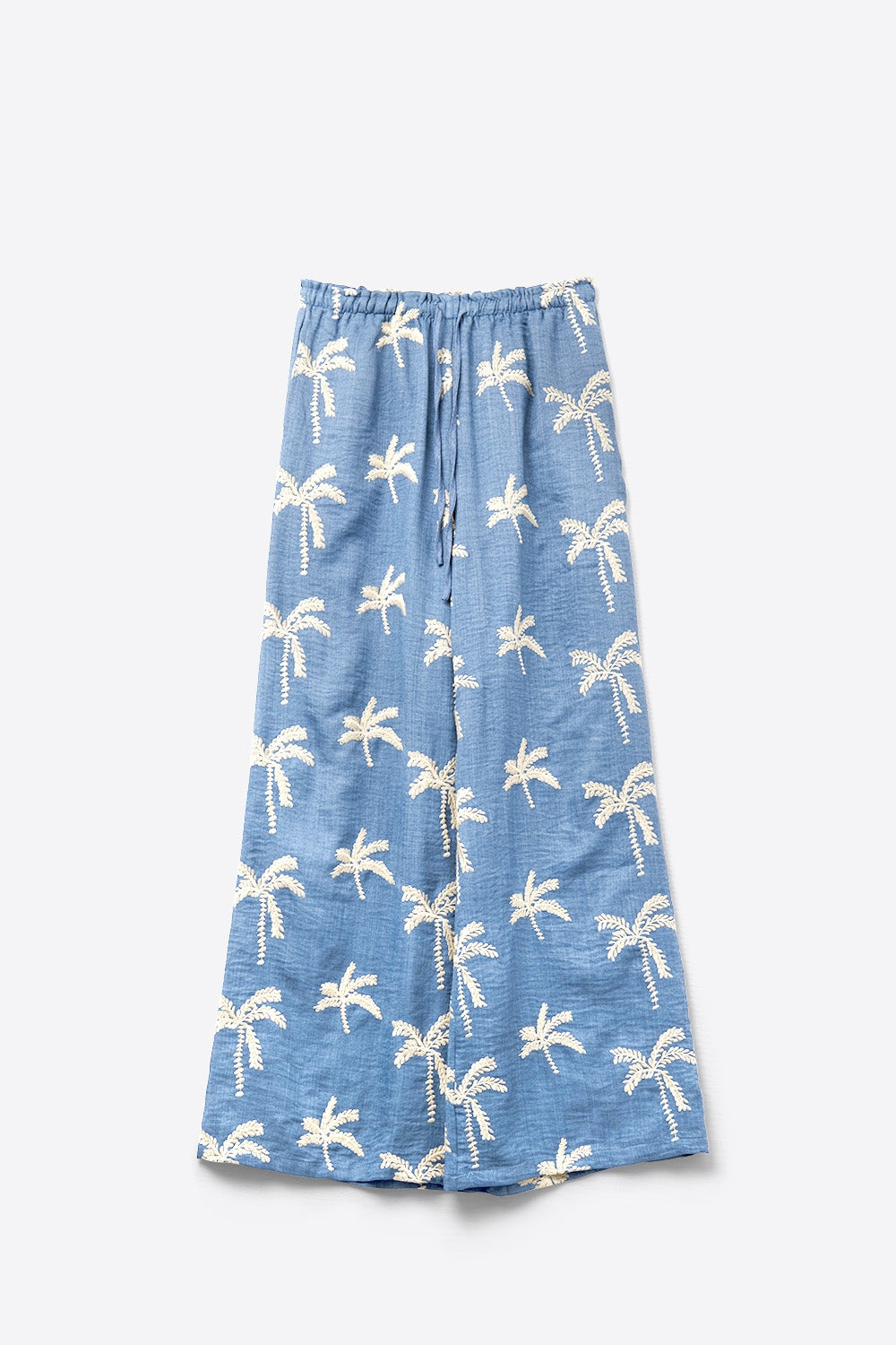 Pantaloni a gamba larga blu con ricamo di palme beige