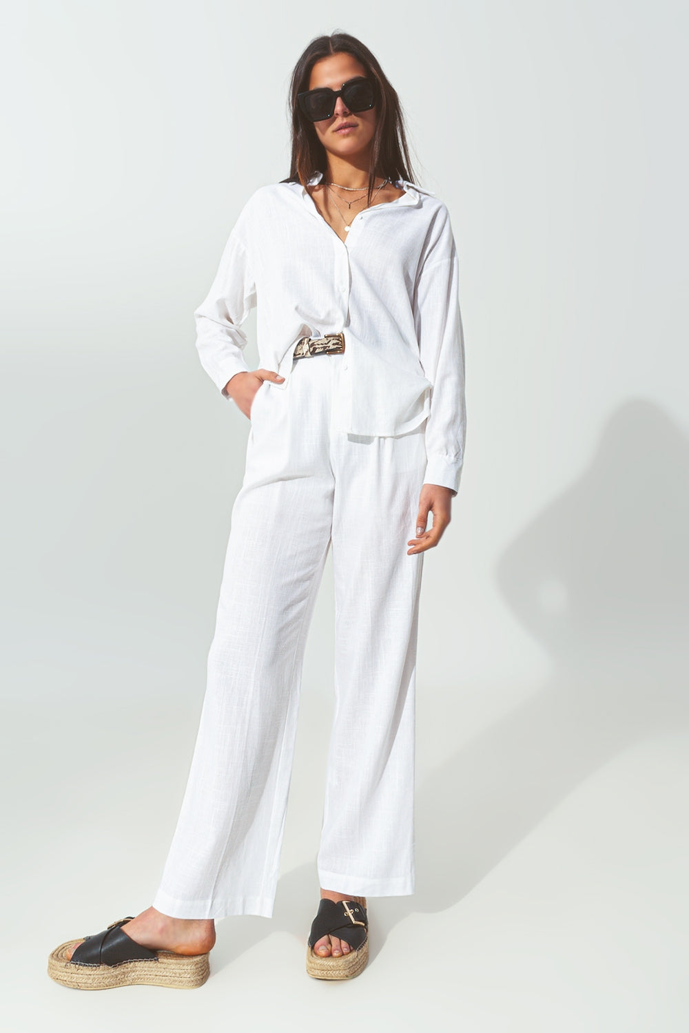Pantaloni a gamba larga in tessuto di cotone leggero di colore Bianco