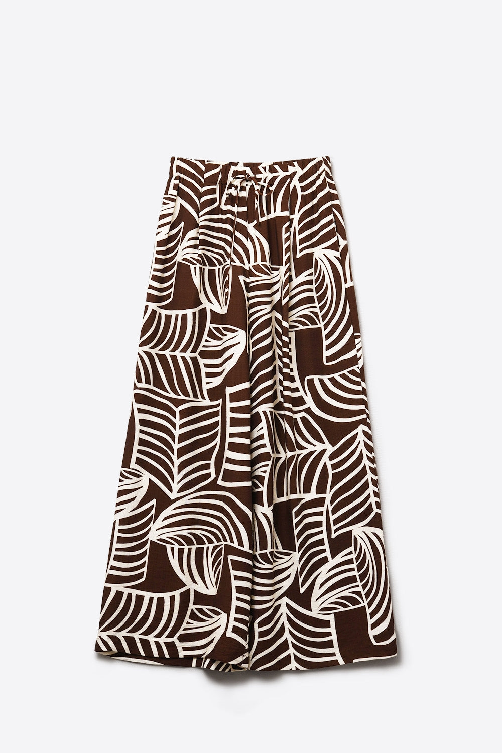 Pantaloni a gamba larga marroni con stampa a foglie bianche
