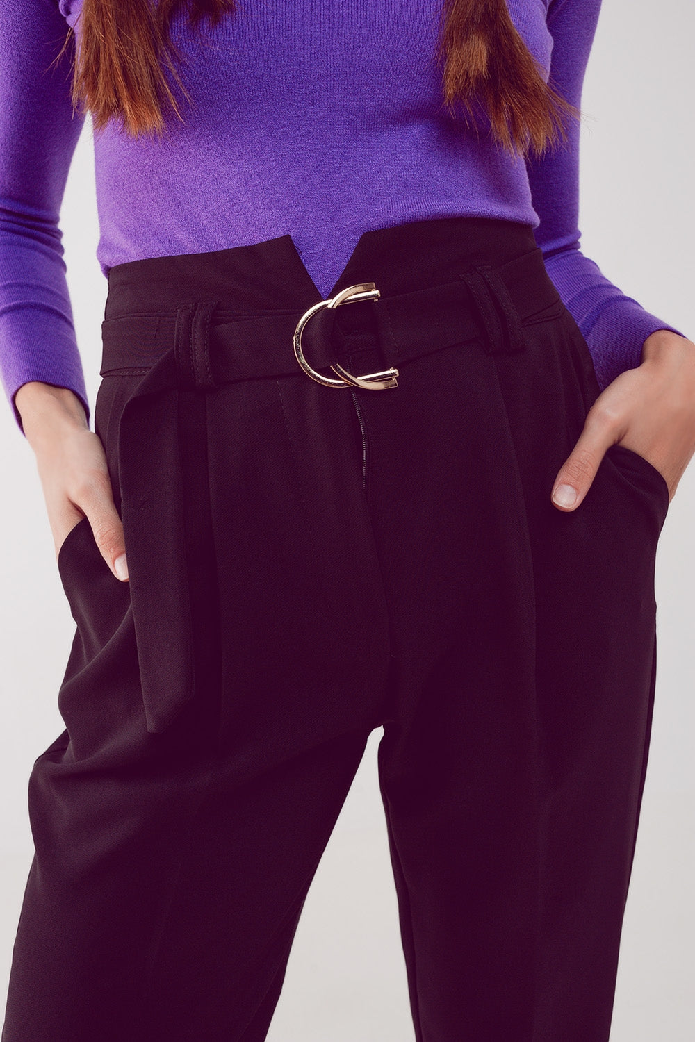 Pantaloni a sigaretta a vita alta con cintura nero